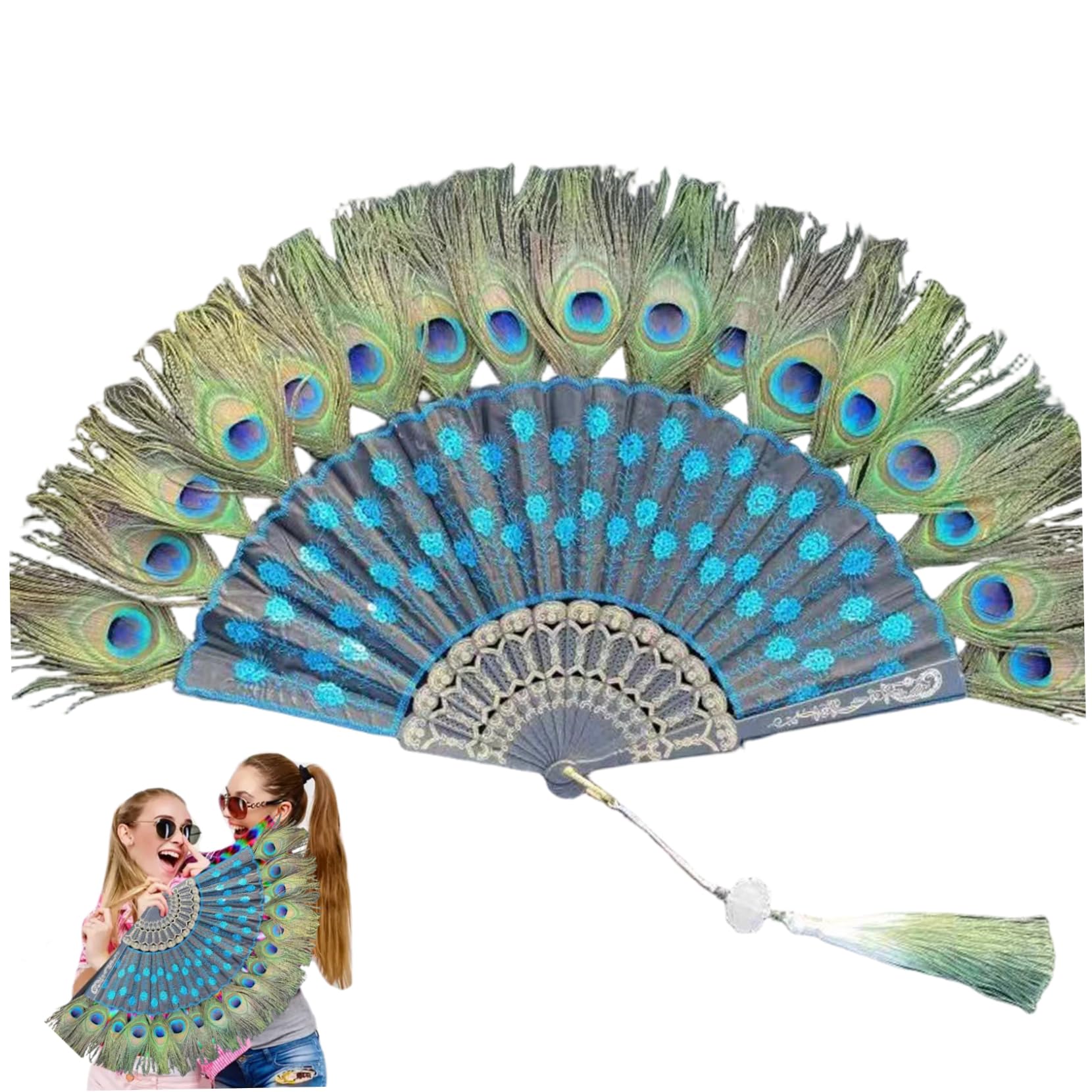 Uanqfegy Peacock Hand Fan - Foldable for Vintage Parties Halloween Costumes and Home Decor, Art Deco Design(Lake Blue)