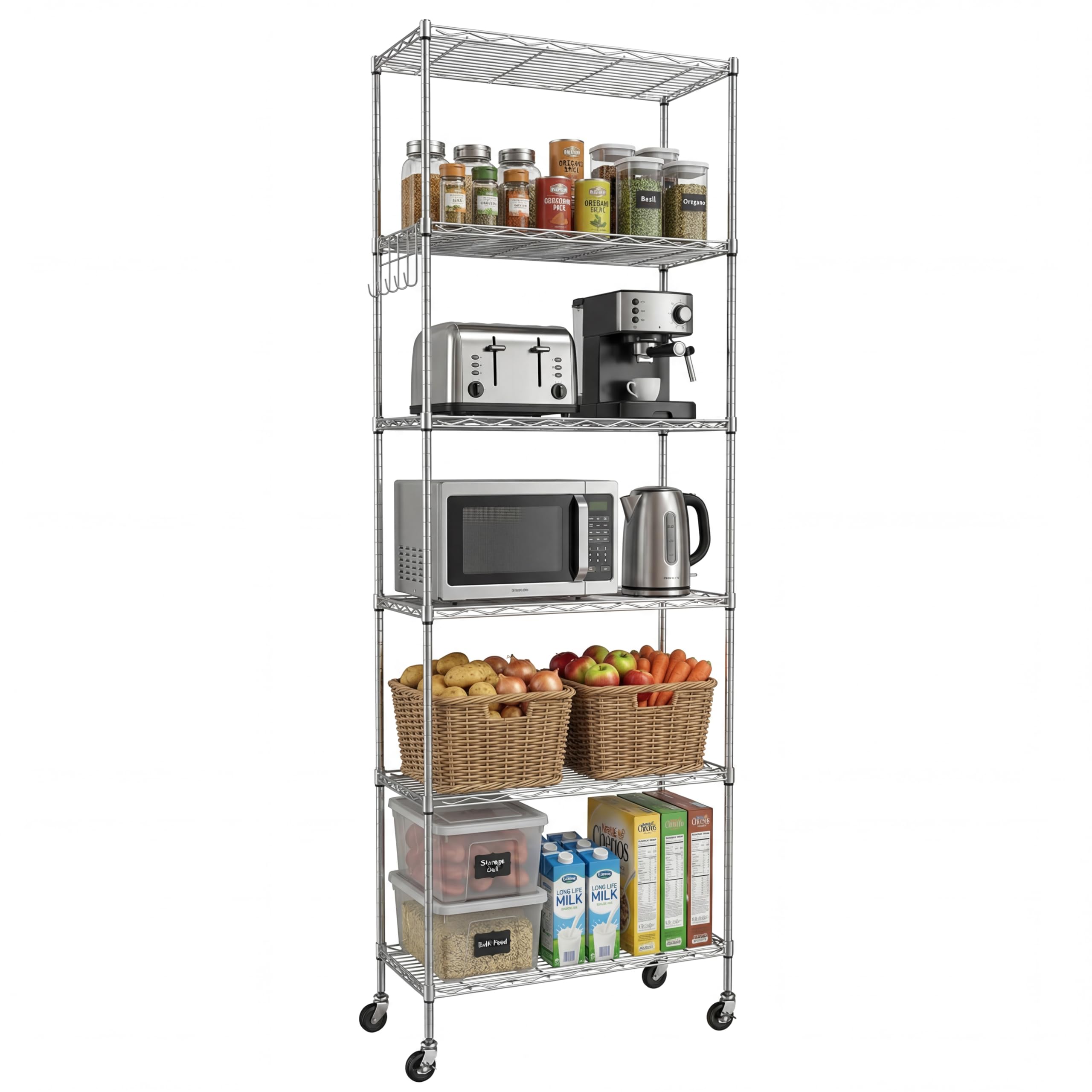 Himimi 6-Tier Wire Shelving Unit with Wheels,Height Adjustable, Heavy Duty Standing Storage Shelf with Hook for Bathroom Kitchen Garage Bedroom Silver — image 1