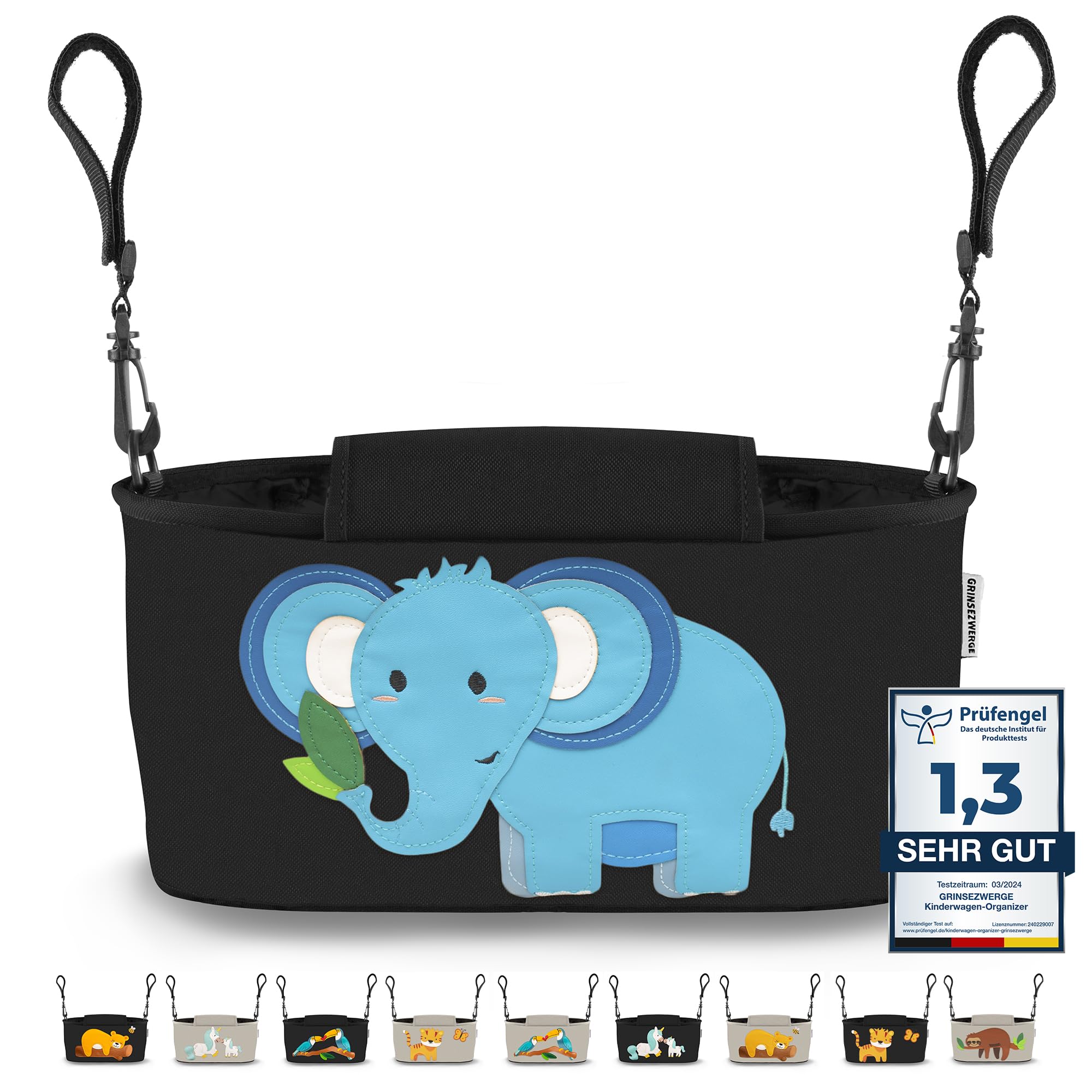 GRINSEZWERGE Kinderwagen Organizer 12 Motive mit Feuchttuchspender I Kinderwagen Tasche Schultergurt I Kinder Buggy Organizer I Kinderwagentasche Aufbewahrungstasche Baby Stroller Bag schwarz Elefant