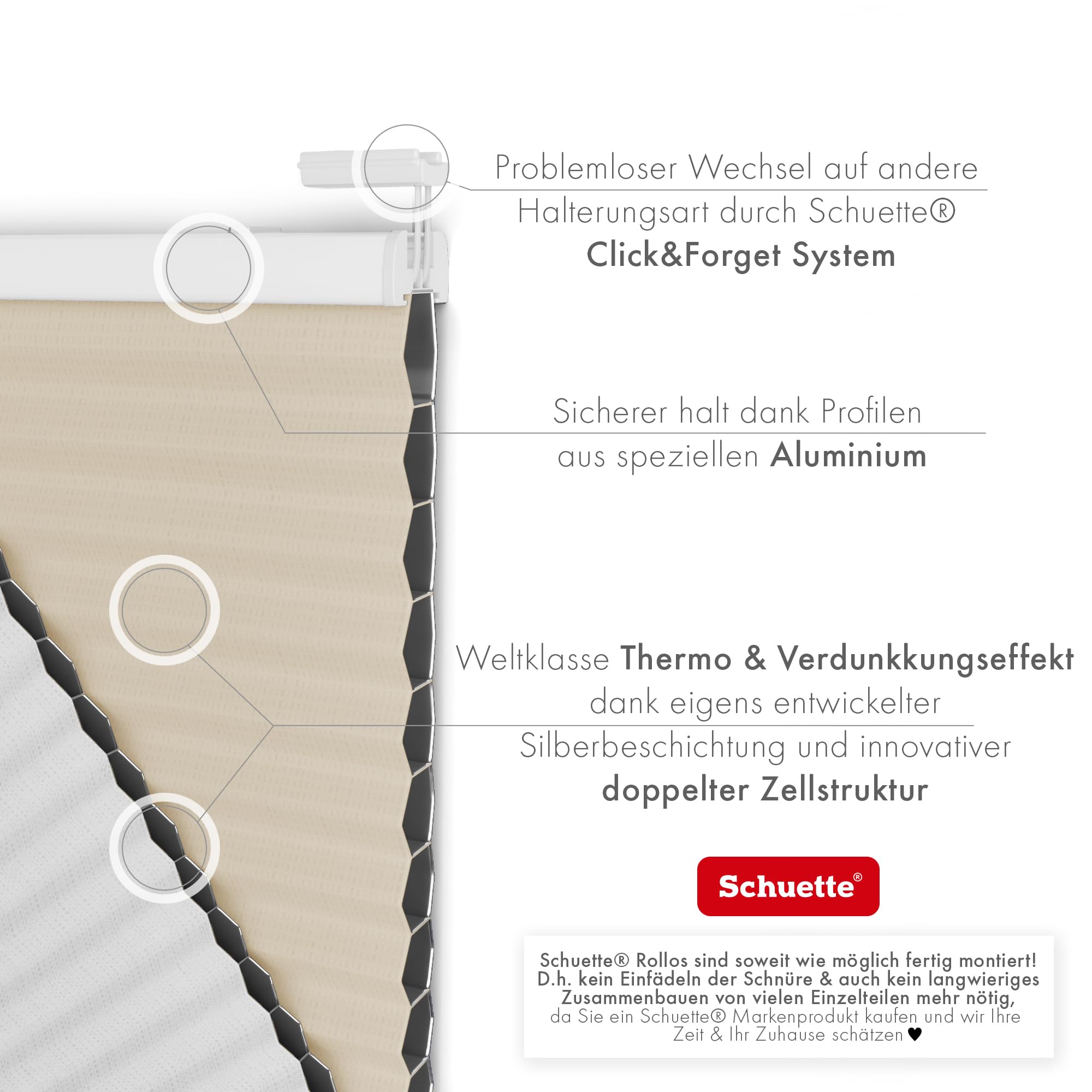 Schuette® Wabenplissee ohne Bohren ● Blackout x Honey ● The Dune (Beige) ● 60x120cm (Breite x Höhe) ● Suprafix Klemmhalter X ● 60 Sekunden Montage