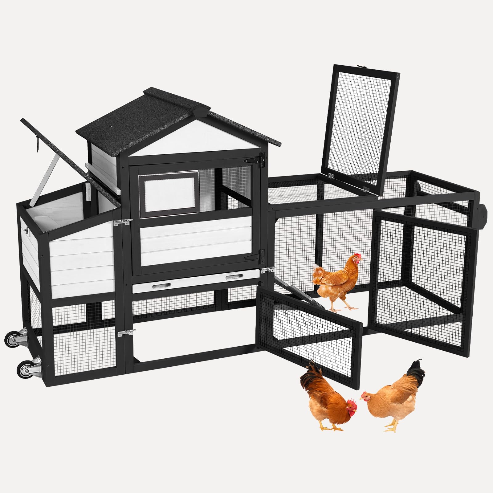 Chicken Coop Outdoor Mobile Chicken House, Expandable Hen House with Wheels, Nesting Box, Leakproof Pull-on Tray and UV-Resistant Roof Panel (White)