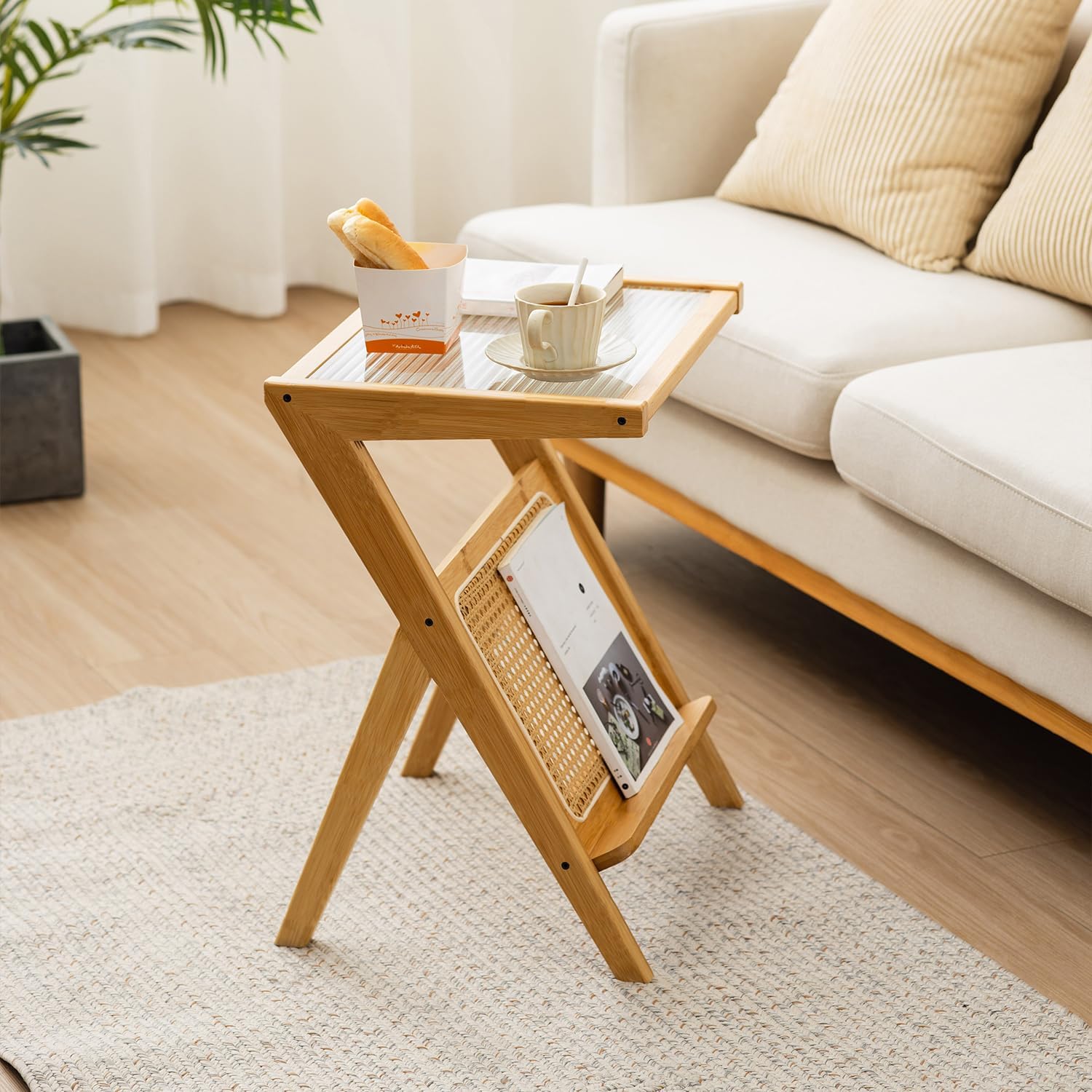 Bamboo Rattan End Table with Magazine Rack, Boho Night Stand Glass-top Sofa Side Table Z Shaped Accent Bedside Nightstand Coffee Table with Storage for Bedroom Living Room Small Space (SIZE 1-17.7")