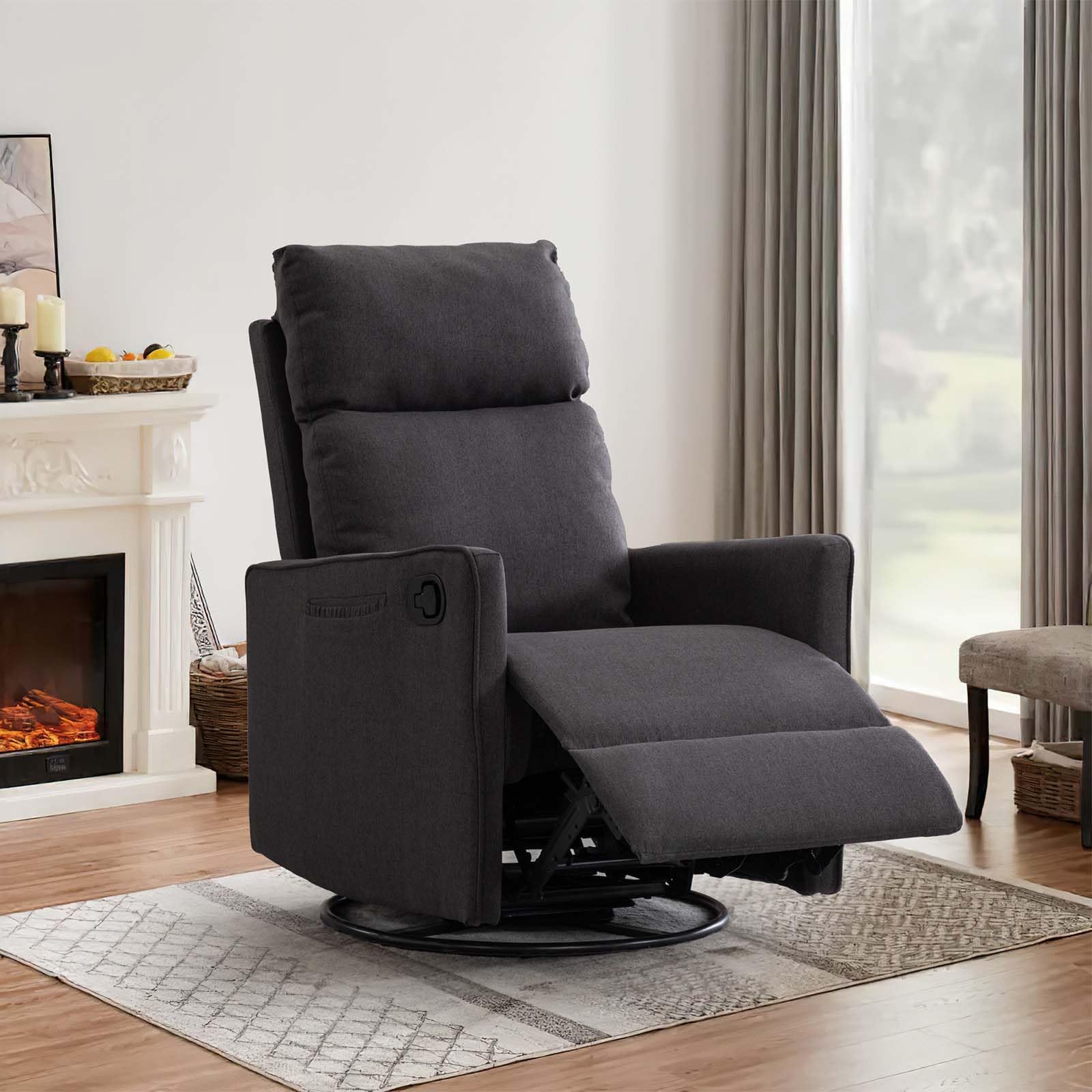 Glider Rocker Recliner Chair, 360° Swivel Linen Manual Reclining Chair for Adults, Modern Comfy Nursery Rocking Chair W/Tall Back/Footrest for Living Room, Nursery, Dark Grey