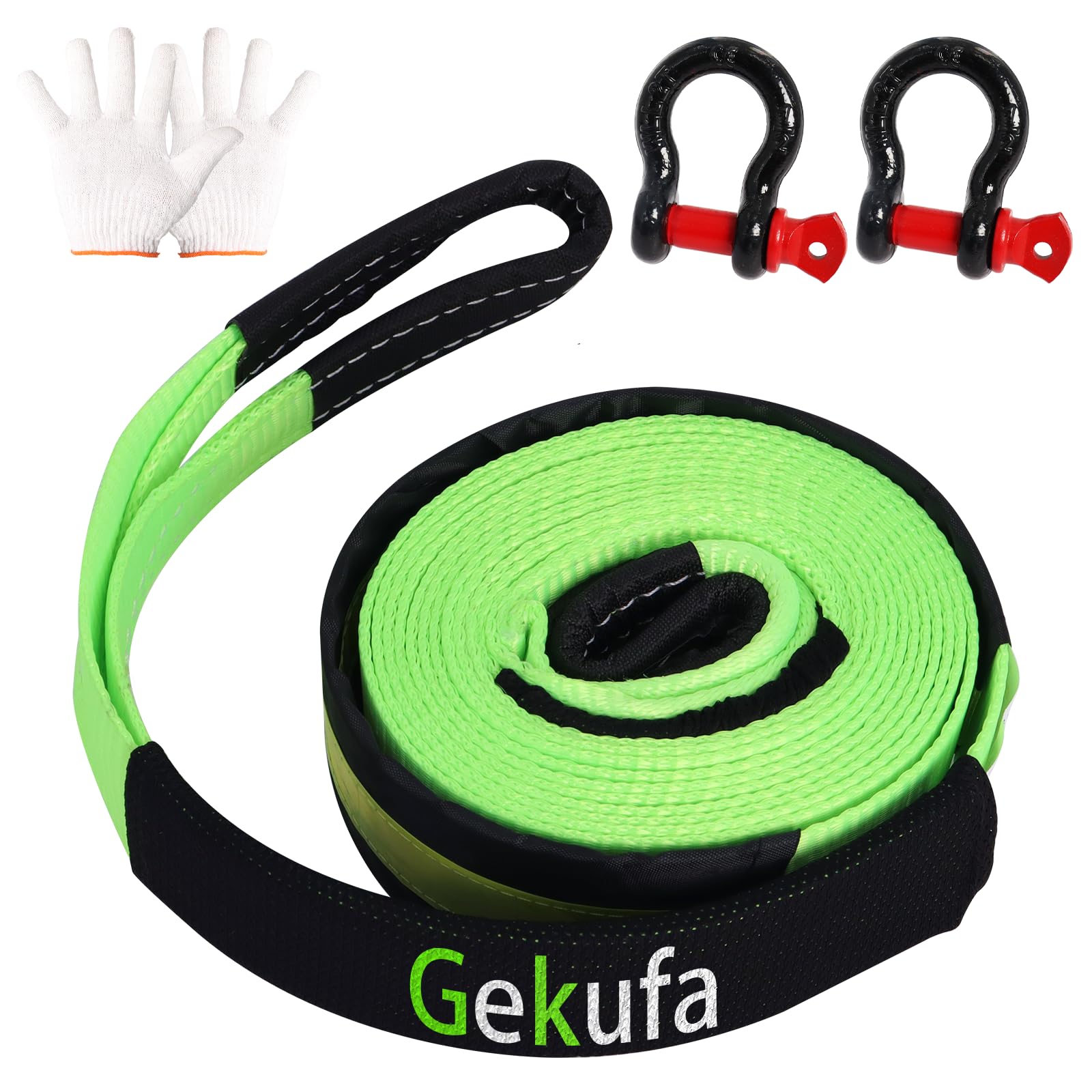 Corda di traino 5 m x 5 cm, 10 tonnellate (10 kg) cinghia di traino per recupero fuoristrada con 2 guanti anti-prova e 2 ganci rinforzati (verde)