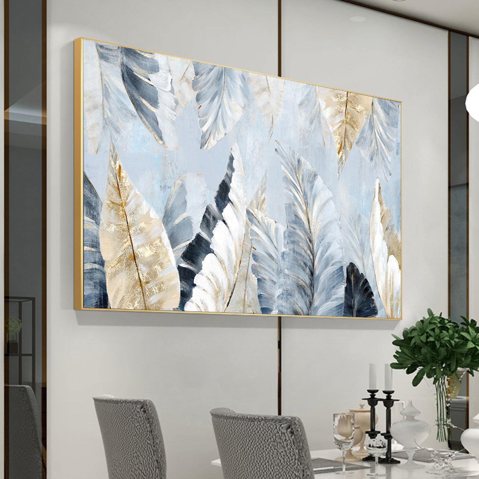 KEBIA Sztuka abstrakcyjna, złote liście palmowe, obraz na płótnie, roślina, martwa natura, plakat, obrazy ścienne do salonu, wystrój domu, 70 x 100 cm, bez ramy