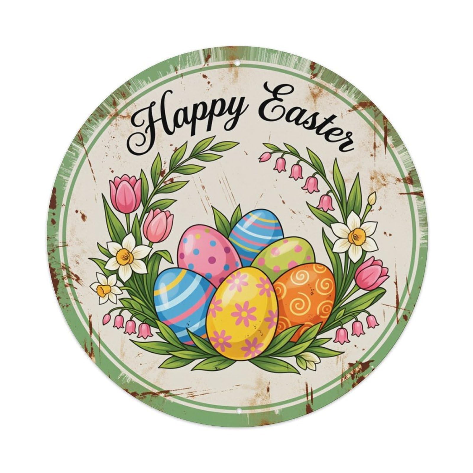 Easter Eggs Flowers Spring Greeting Round Tin Sign Retro Metal Sign for Cafe Bar Pub Home Game Room Gym Club Wall Decoration Vintage Metal Poster 8x8 Inch