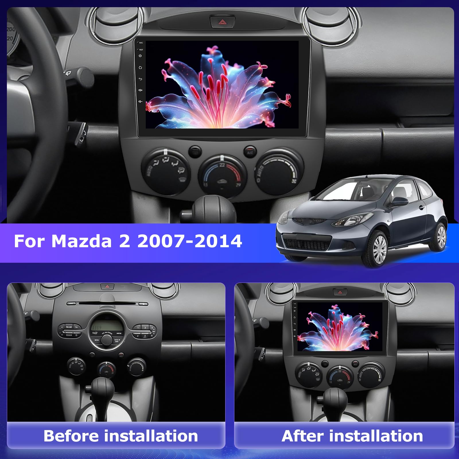 2G+64G Android Autoradio für Mazda 2 2007-2014 mit Wireless Carplay & Android Auto, 9 Zoll Touchscreen Autoradio mit WiFi, GPS Navigation, Bluetooth, FM RDS