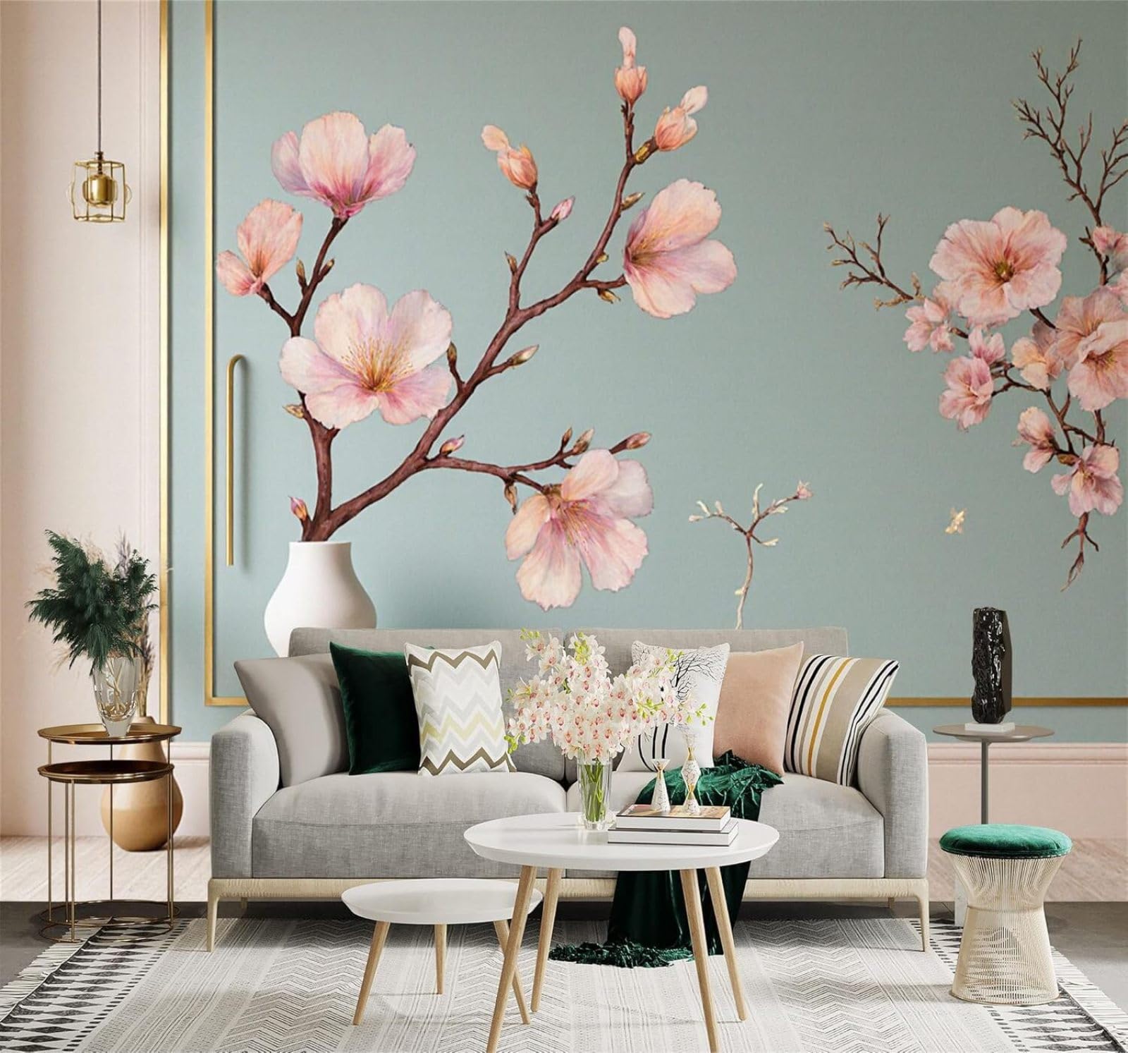 XLMING Fresh Blue Green Pink Cherry Blossoms Branches Art 3D Wallpaper Premium Textured Silk Study Dining Living Room Bedroom Sofa TV Wall Easy Install-400cm×280cm