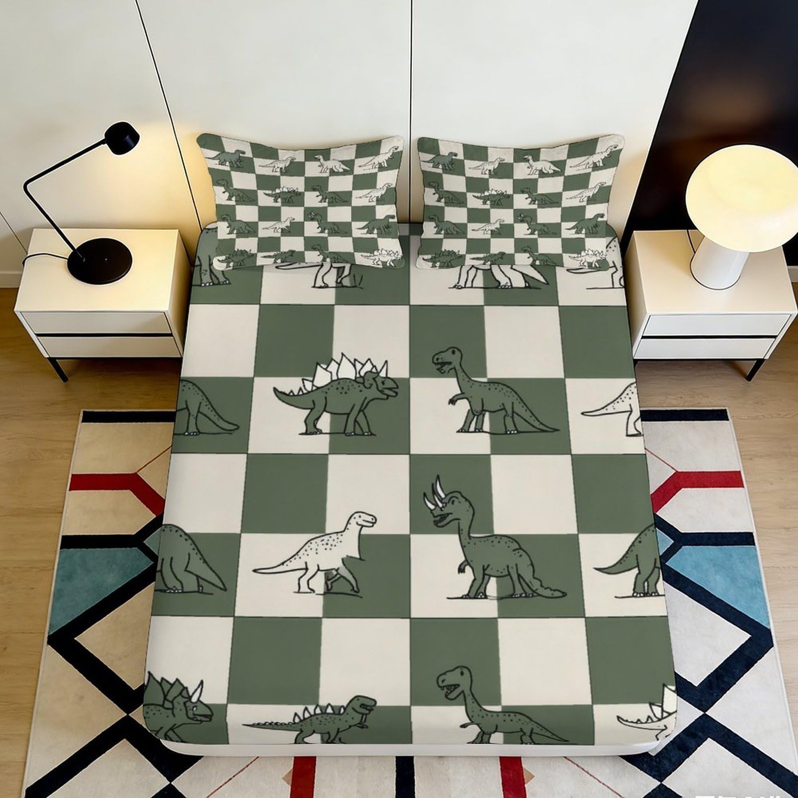 3D Printed Dinosaur Pattern Fitted Sheet Microfiber Soft Breathable Checkered Bed Cover for Bedroom Dormitory Guest Room Mattress Protection Decor 140x200x25cm