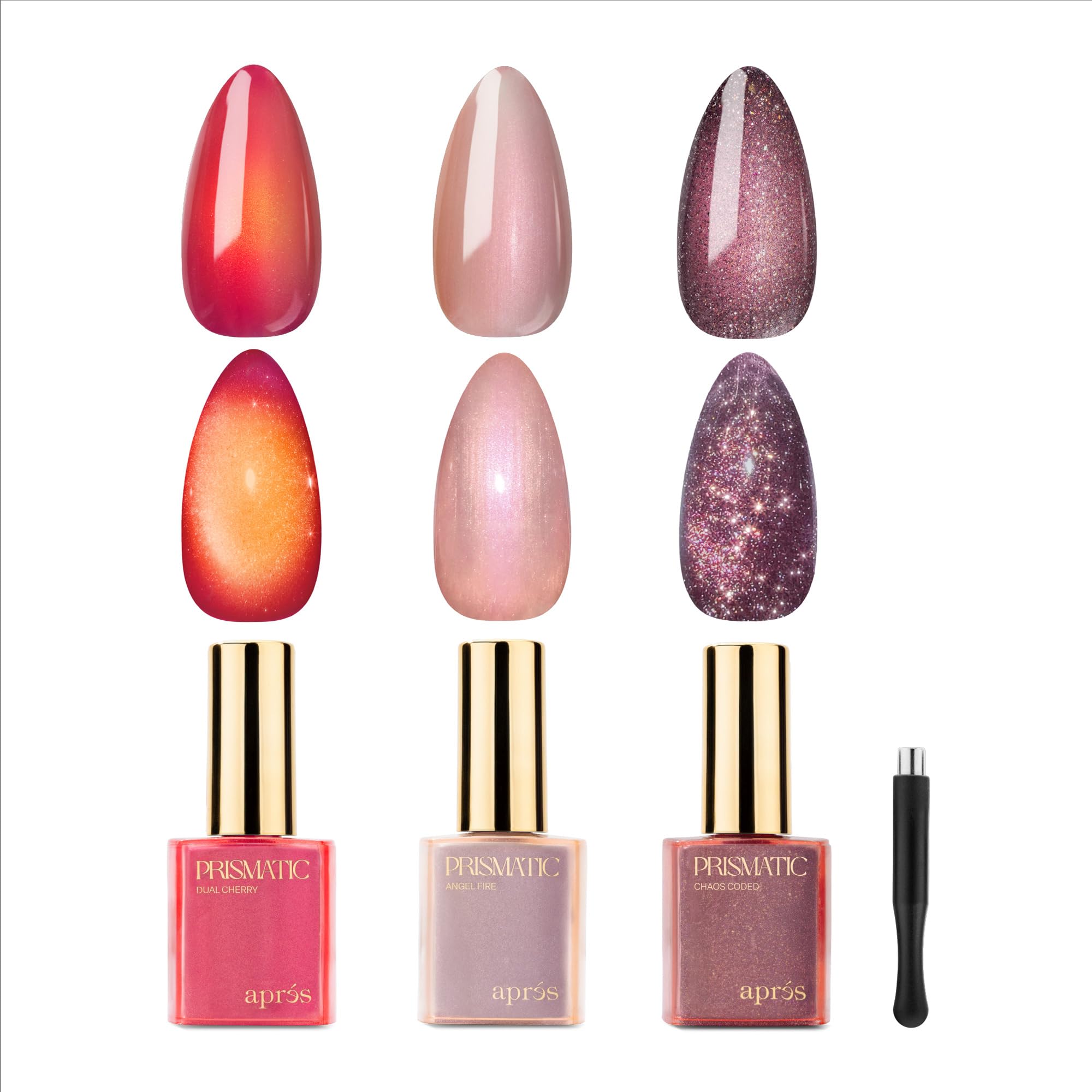 Aprés Prismatic Gel Color, set da 3 (Dual Cherry Trio) | Smalto gel bicolore cangiante, privo di HEMA e TPO, con effetto occhio di gatto, perlato e glitter flash