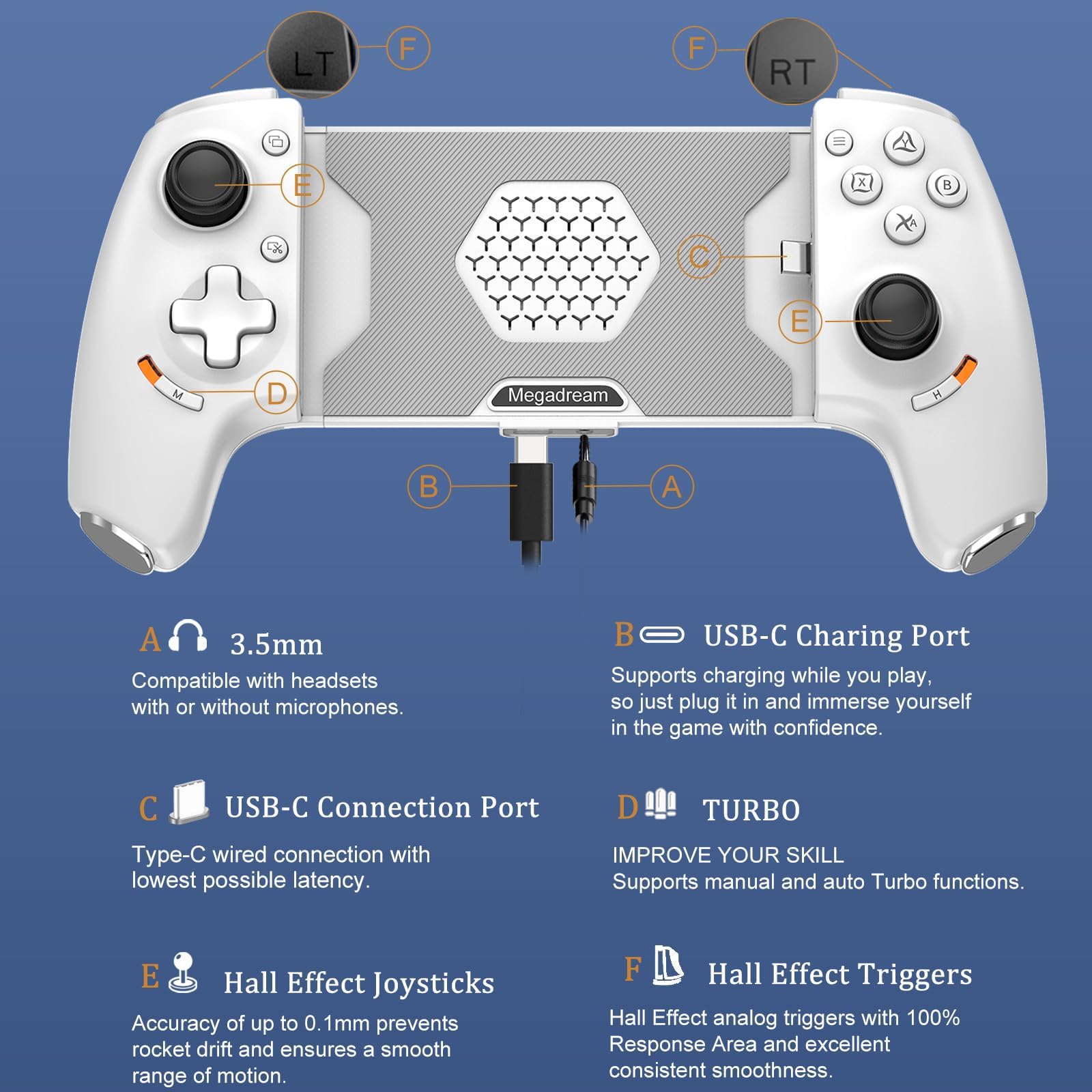 Megadream Mobile Gaming Controller für iPhone 16/15 & Android USB C Handy Controller mit 3,5-mm-Audiobuchse, Handheld Wireless Gamepad für PS5/PS4/Xbox/PC, Hall-Joysticks/Trigger,Cloud-Gaming Weiß