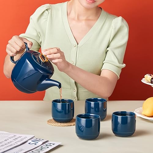 Miniatura 6 de ZENS Tetera con infusor, mango entrelazado de porcelana azul marino, 3 tazas, tetera suelta de 33.8 onzas, tetera de lujo con ribete dorado, regalo