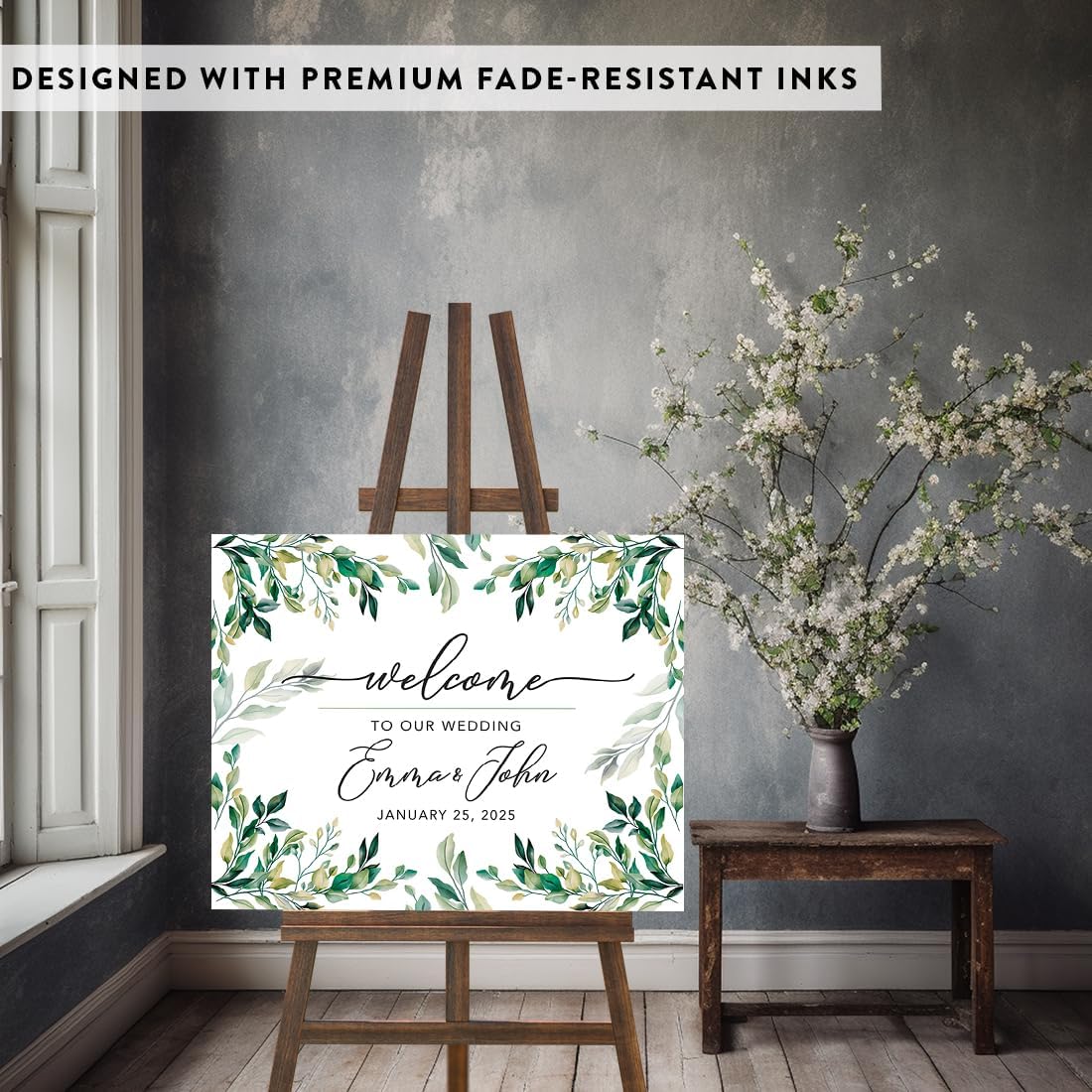 Andaz Press Custom Large Canvas Wedding Guest Book Alternative, 16 x 20 Inches, Watercolor Greenery Eucalyptus Leaves Border, Horizontal, Personalized Welcome Sign Guest Book Signs for Wedding