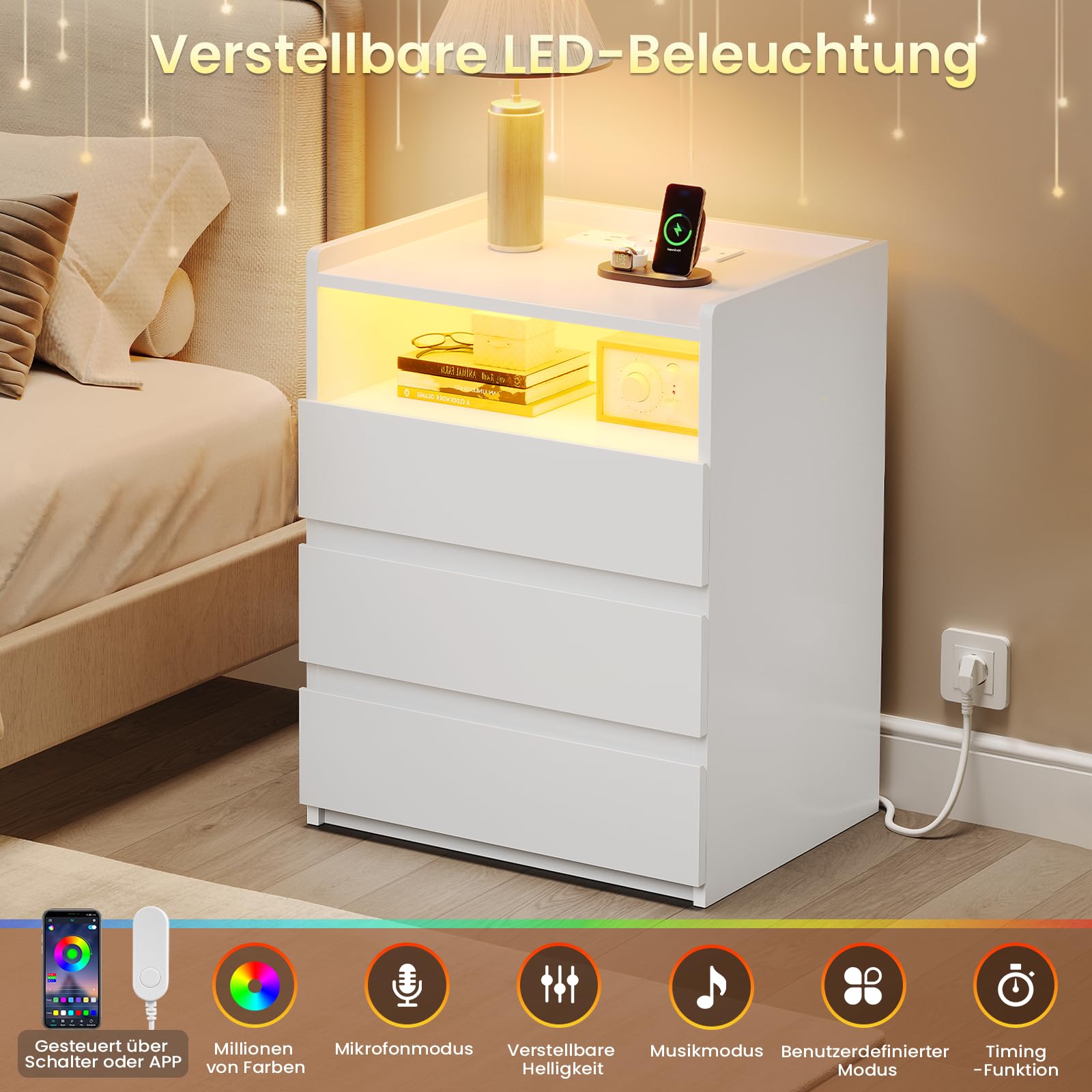 AOGLLATI Comodini Camera da Letto con Stazione di Ricarica e Luci LED, Tavolino con 3 Cassetti e 1 Ripiano Aperto, Comodini Moderni per Soggiorno e Camera da Letto,Bianco