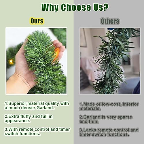 Miniatura 6 de Guirnalda de Navidad con luces, 30 pies, 50 LED, funciona con pilas, guirnalda larga preiluminada, temporizador remoto para escaleras, barandilla,
