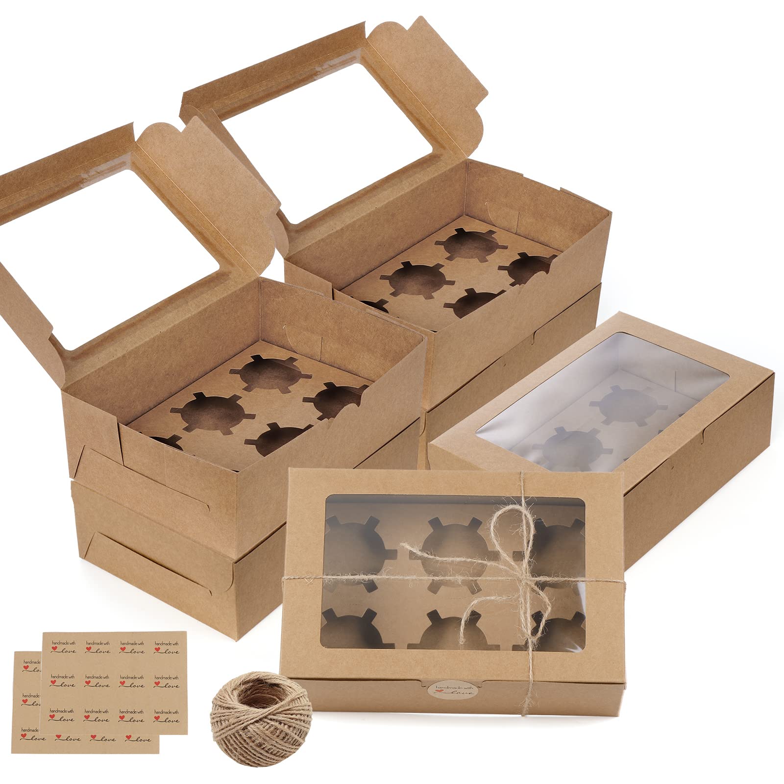 Coptiner Confezione da 20 scatole per cupcake con finestra e inserti, scatole per torte a 6 fori, in cartone, per muffin, pasticcini, cupcake, biscotti (Kraft