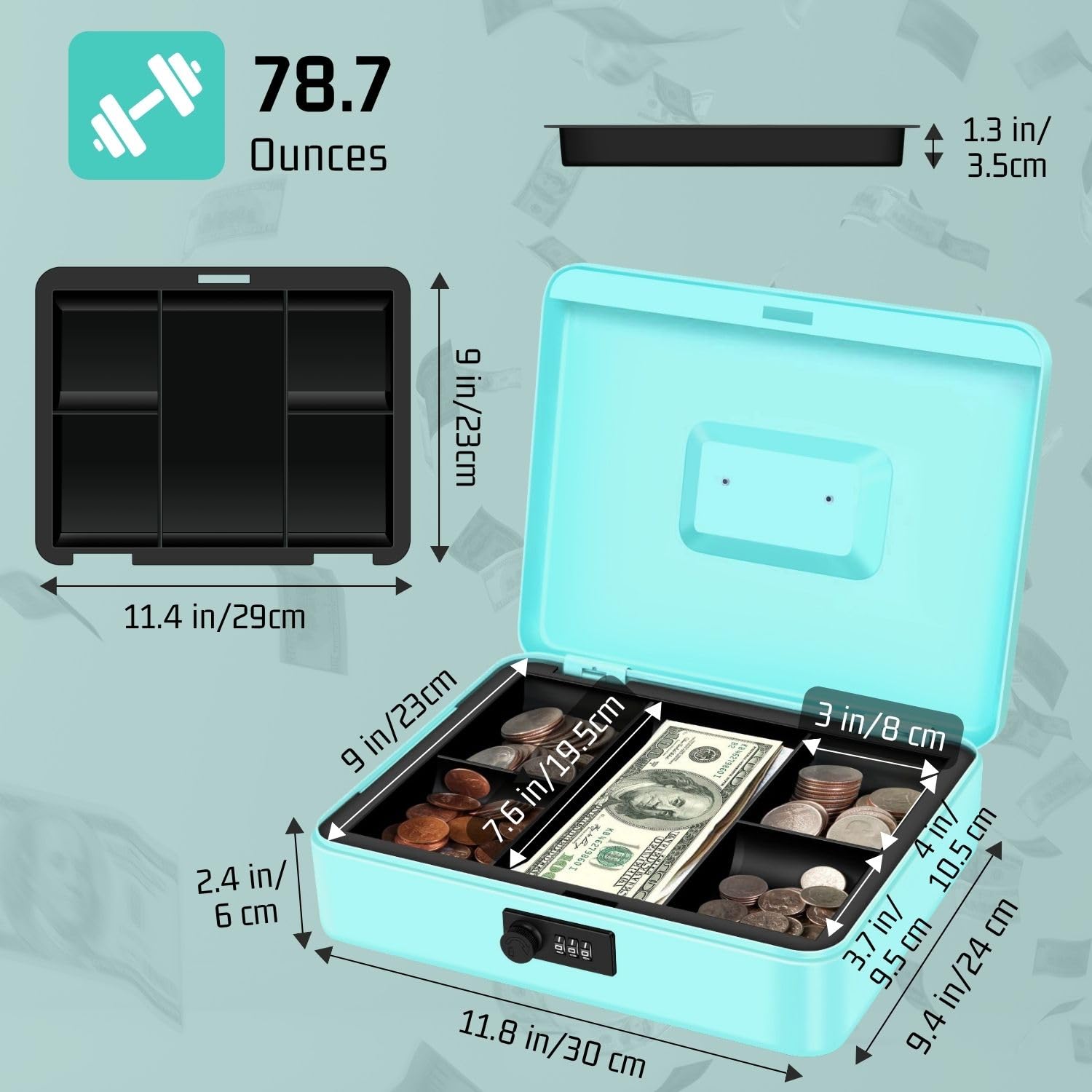 Flexzion Caja de dinero con llave, caja de dinero para negocios en efectivo, cajero y dinero en efectivo, caja de metal azul con llave de bloqueo, bandeja de billetes con resorte y ranuras para