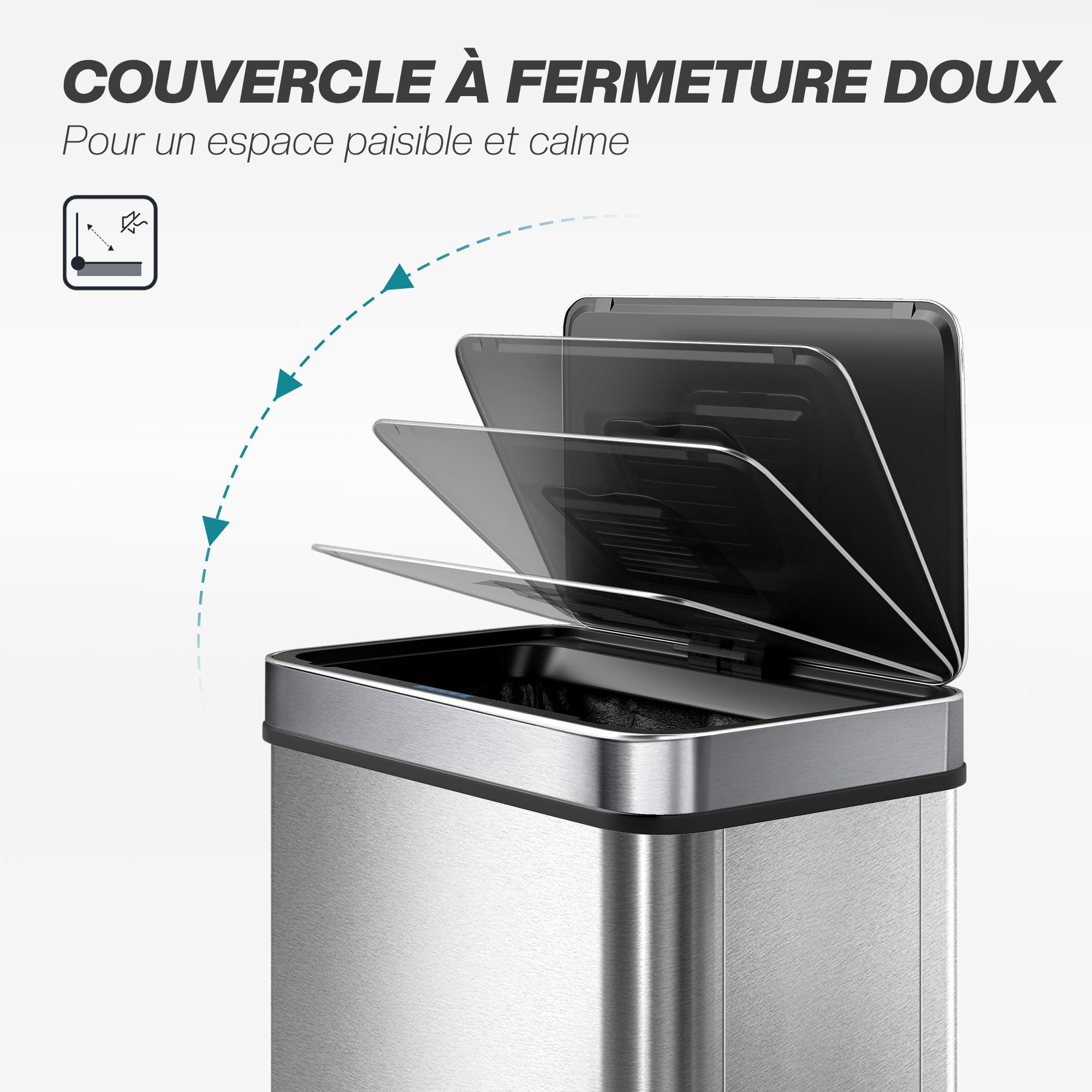 HOMCOM Poubelle à Capteur 50 L, Couvercle à Fermeture Douce Argenté | Poubelle de Cuisine Automatique sans Contact, en Acier Inoxydable Anti-Traces, pour Cuisine, Maison, Bureau