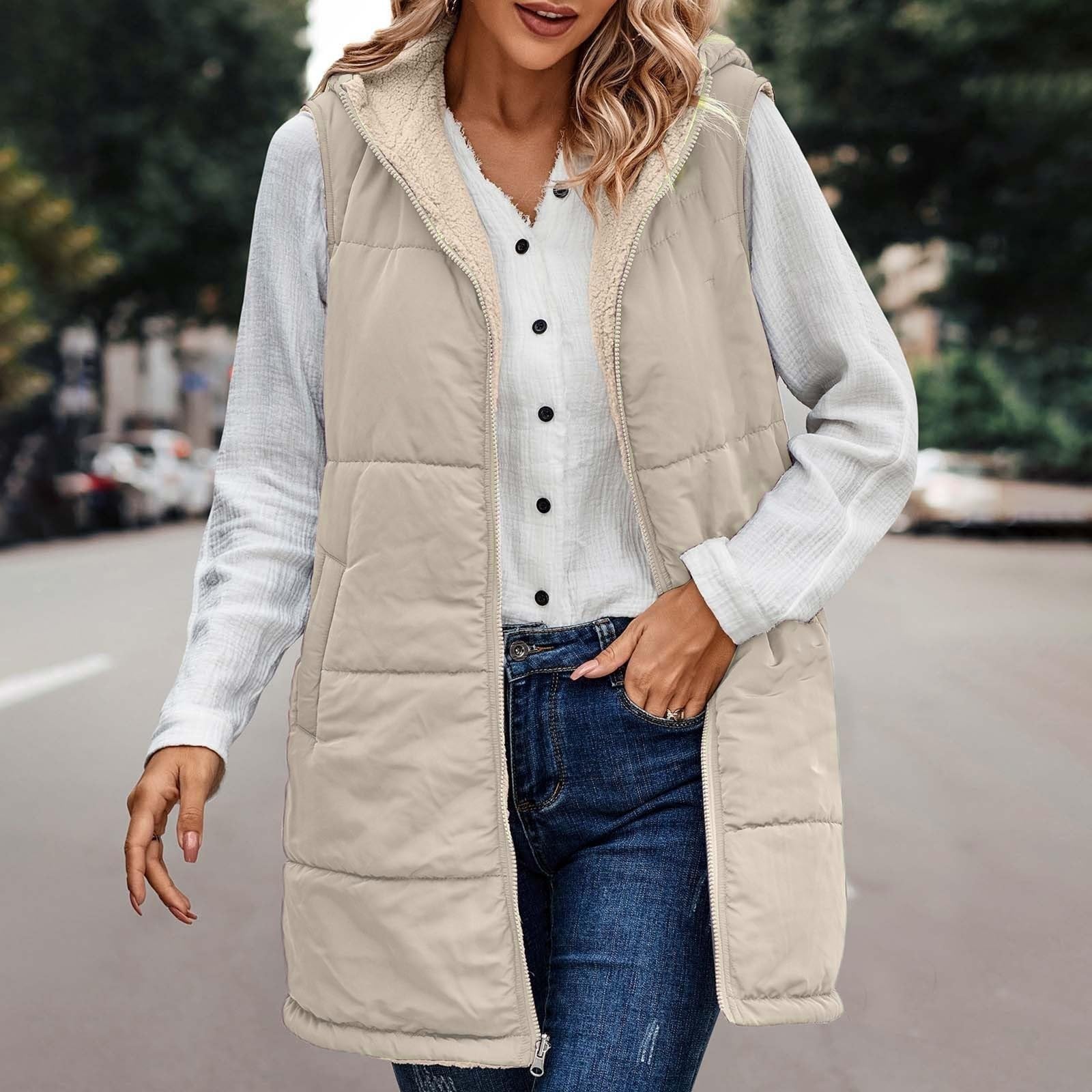 Gilet Réversible À Capuche Sans Manches Pour Veste Doublée En Polaire Avec Poches Fermeture Éclair Complète Vêtements D'extérieur Mode D'hiver Veste Réversible Sans Manches