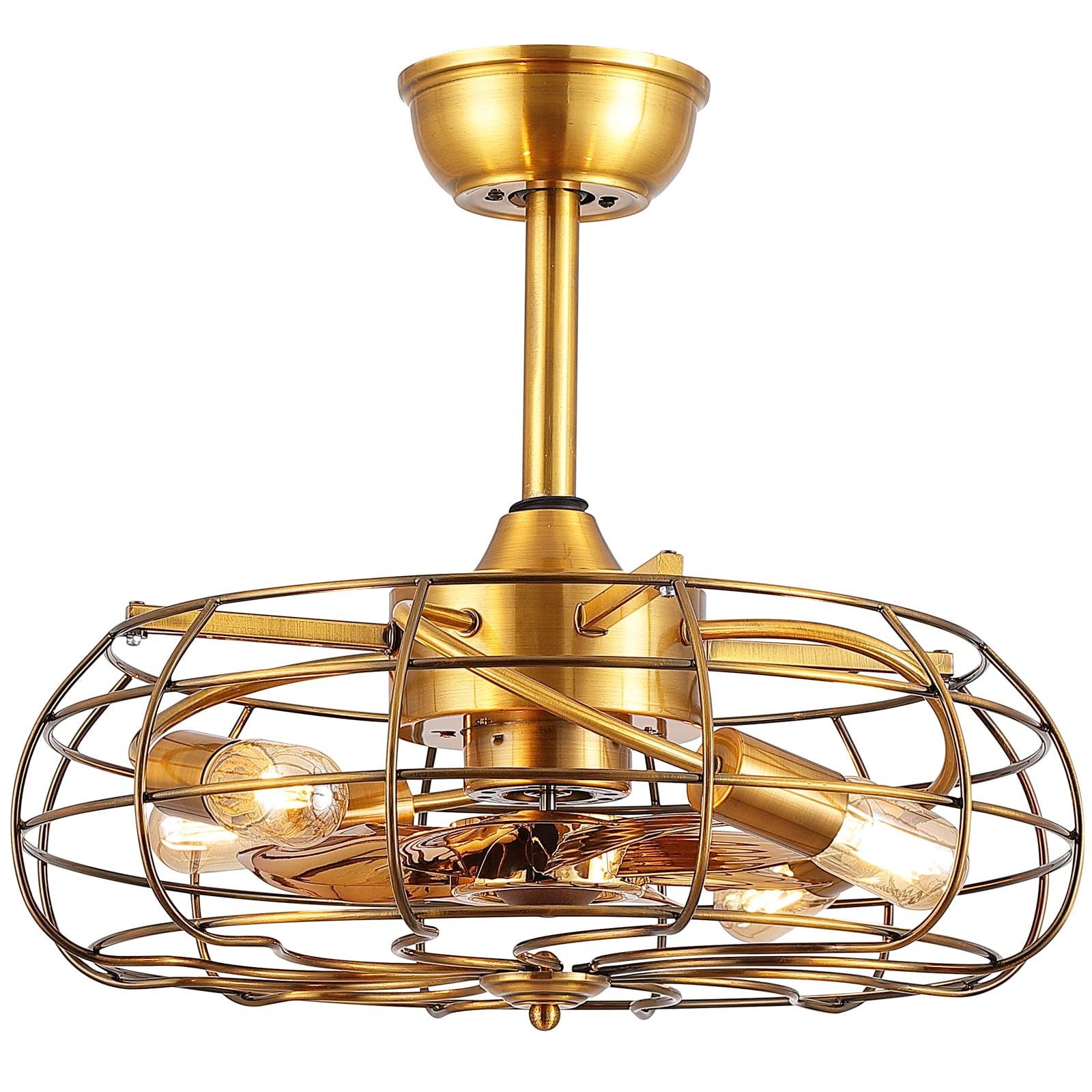 Asyko Outdoor Caged Ceiling Fans with Lights - Bladeless Ceiling Fan Light with Remote, 19" Enclosed Low Profile Ceiling Fan for Patio, Bedroom, Gold