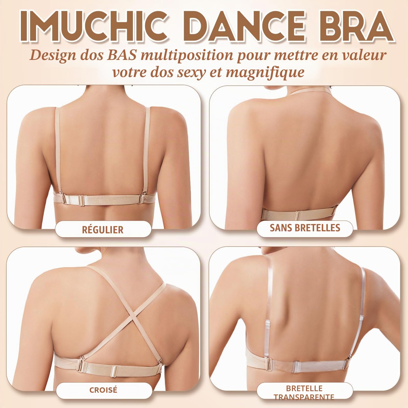 iMuchic Soutien-gorge de danse à dos transparent pour filles, soutien-gorge invisible sans coutures avec bretelles réglables