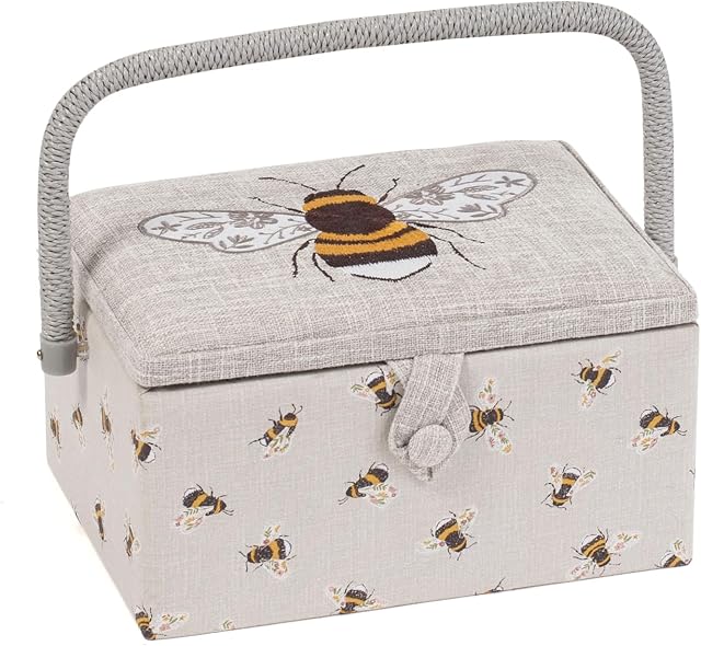 Hobby Gift Sewing Box, Wood/Fabric, Embroidered Bee, Medium