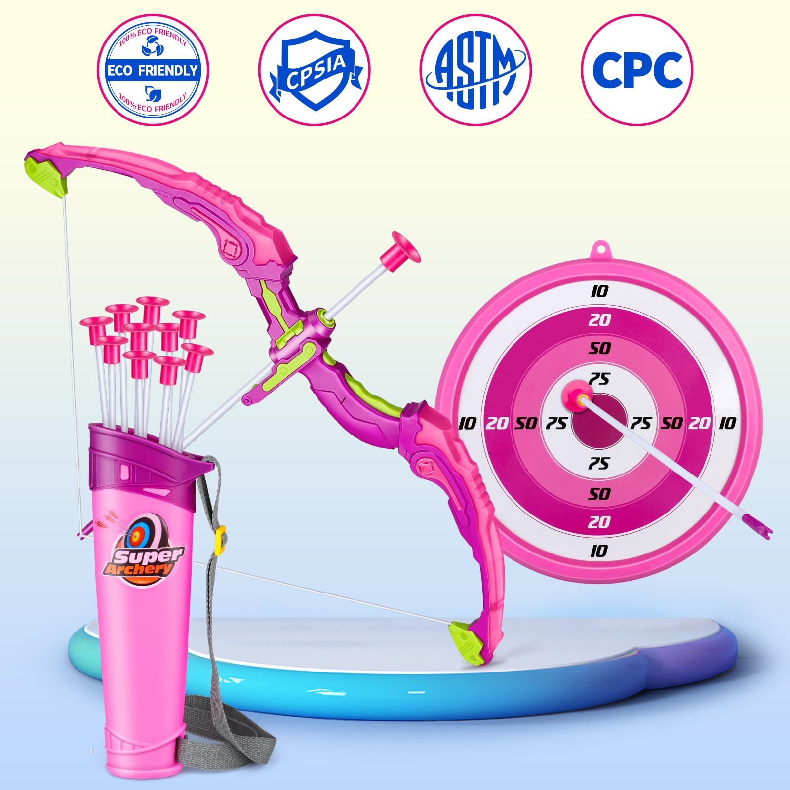 Arco e Frecce per Bambini con Luci LED, 2 in 1 Set Tiro con L'Arco, 1 Bersaglio e 10 Frecce a Ventosa, Regalo per Bambine 4-8 Anni