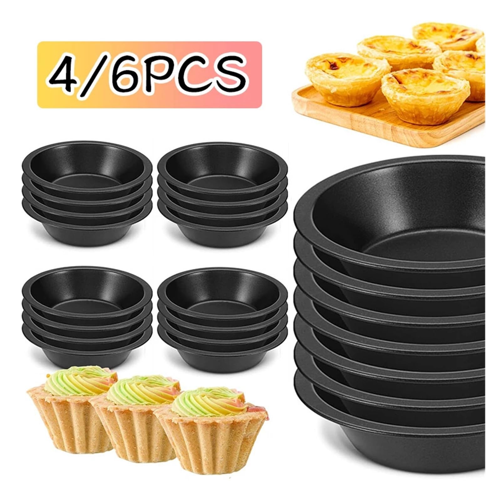 Moule à tartelettes en acier au carbone 4/6 mini moules à tartelettes ronds en acier au carbone, aux œufs et gâteaux(Black 6pcs)
