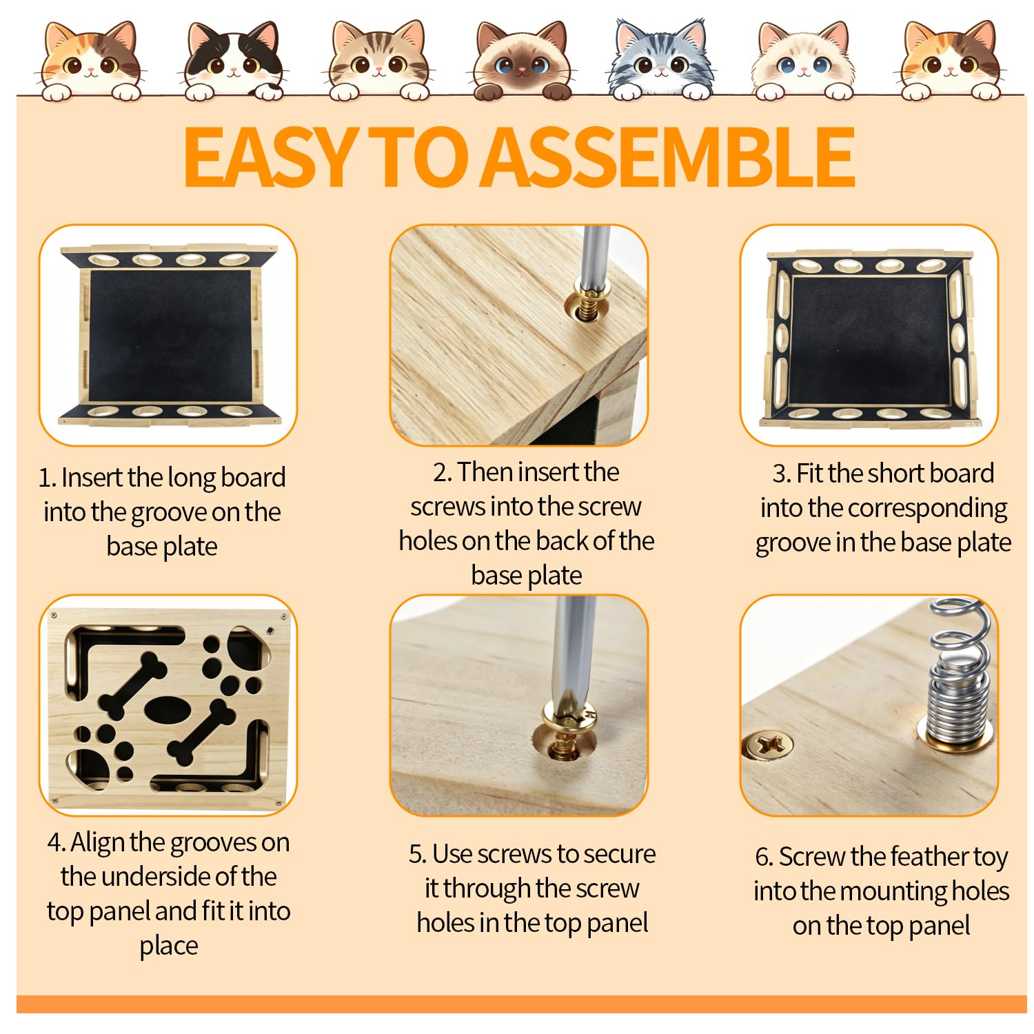 Giochi Interattivi per Gatti in Legno Massello 2 in 1 con Carta Abrasiva | Giochi Gatto Tiragraffi Cartone Gioco Gatto con Carta Abrasiva Bacchetta di Piume Tre Palline Sonagli Dimensione 30X25X7,8 cm