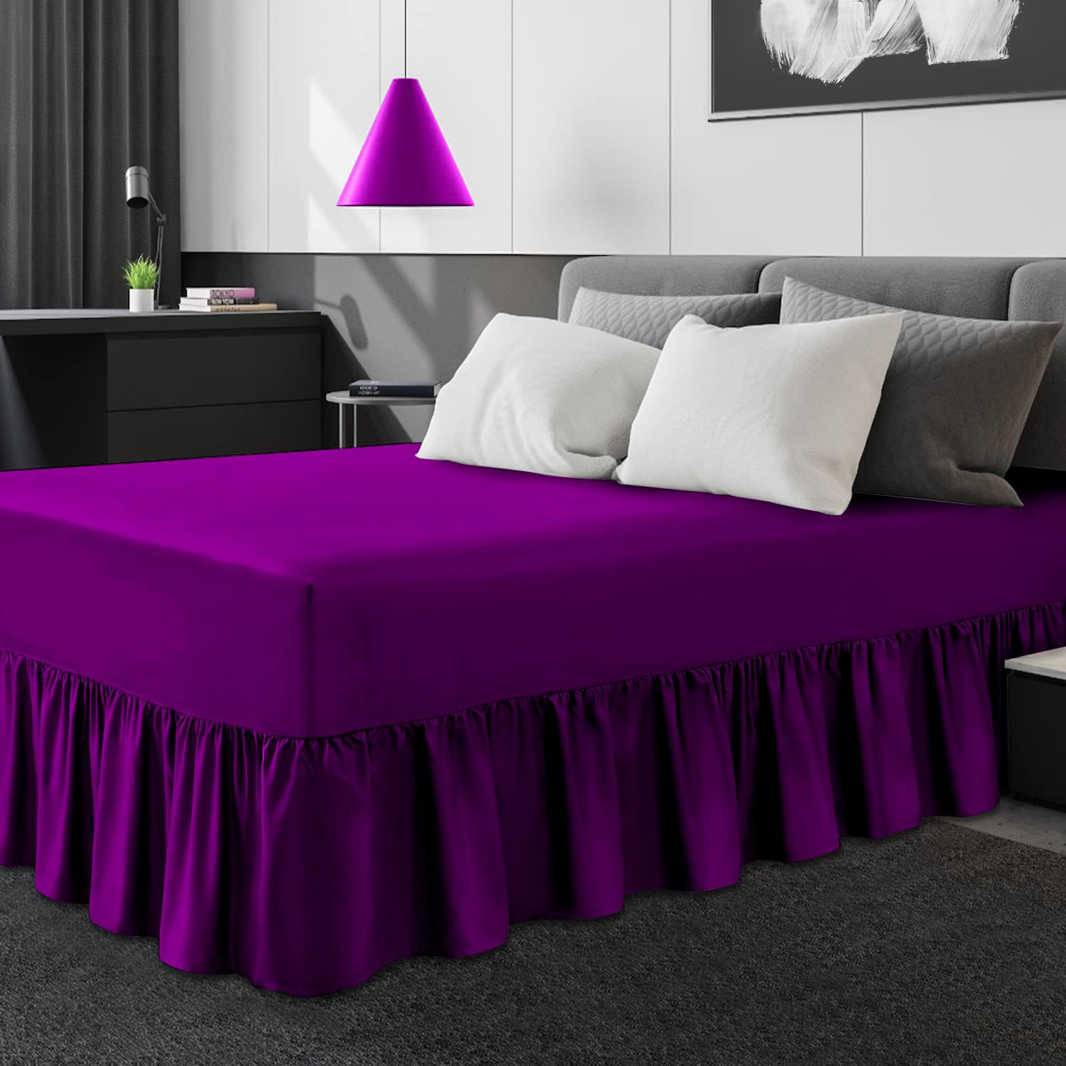 GC GAVENO CAVAILIA Non-Iron Percale Valance Sheet Single Bed | Lightweight & Breathable | Polycotton Soft & Cozy Frill Bed Sheets, Berry