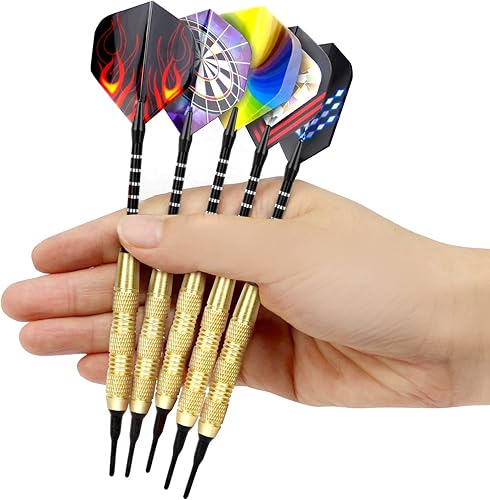 Miniatura 5 de Juego de dardos de punta suave, 12 dardos de punta de plástico de 0.63 oz con barriles de acero de latón y ejes de aluminio, 200 puntas de dardos