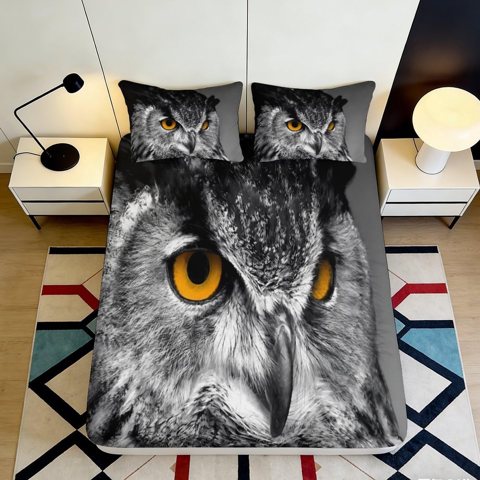 3D Printed Realistic Owl Eyes Fitted Sheet Microfiber Soft Anti-Slip Bed Sheet for Bedroom Dorm Bed Cover Decor 90x200x25cm