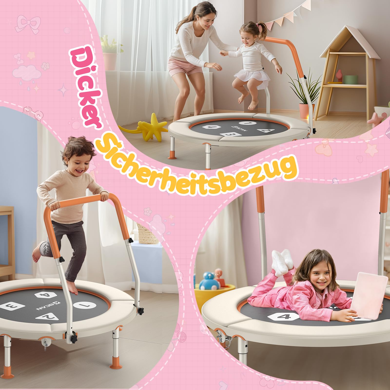 BCAN 91 cm Kleinkind-Trampolin, Verstellbarer Griff, Sicherheitspolster und klappbare Beine, Baby-Trampolin für drinnen und draußen, Geschenk für Jungen und Mädchen