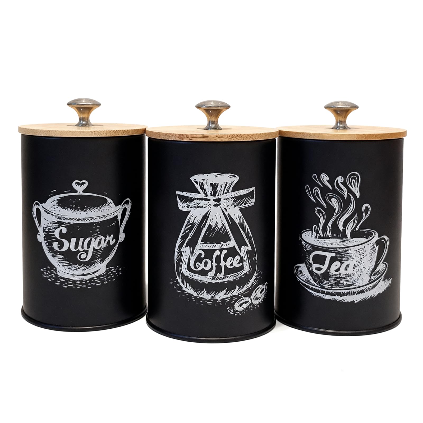 Yumzxin 3 Pcs Vintage Metal Canister Set with Bamboo Lid - 750ml Airtight Storage Jars for Coffee, Tea, Sugar & Kitchen Countertop Organization