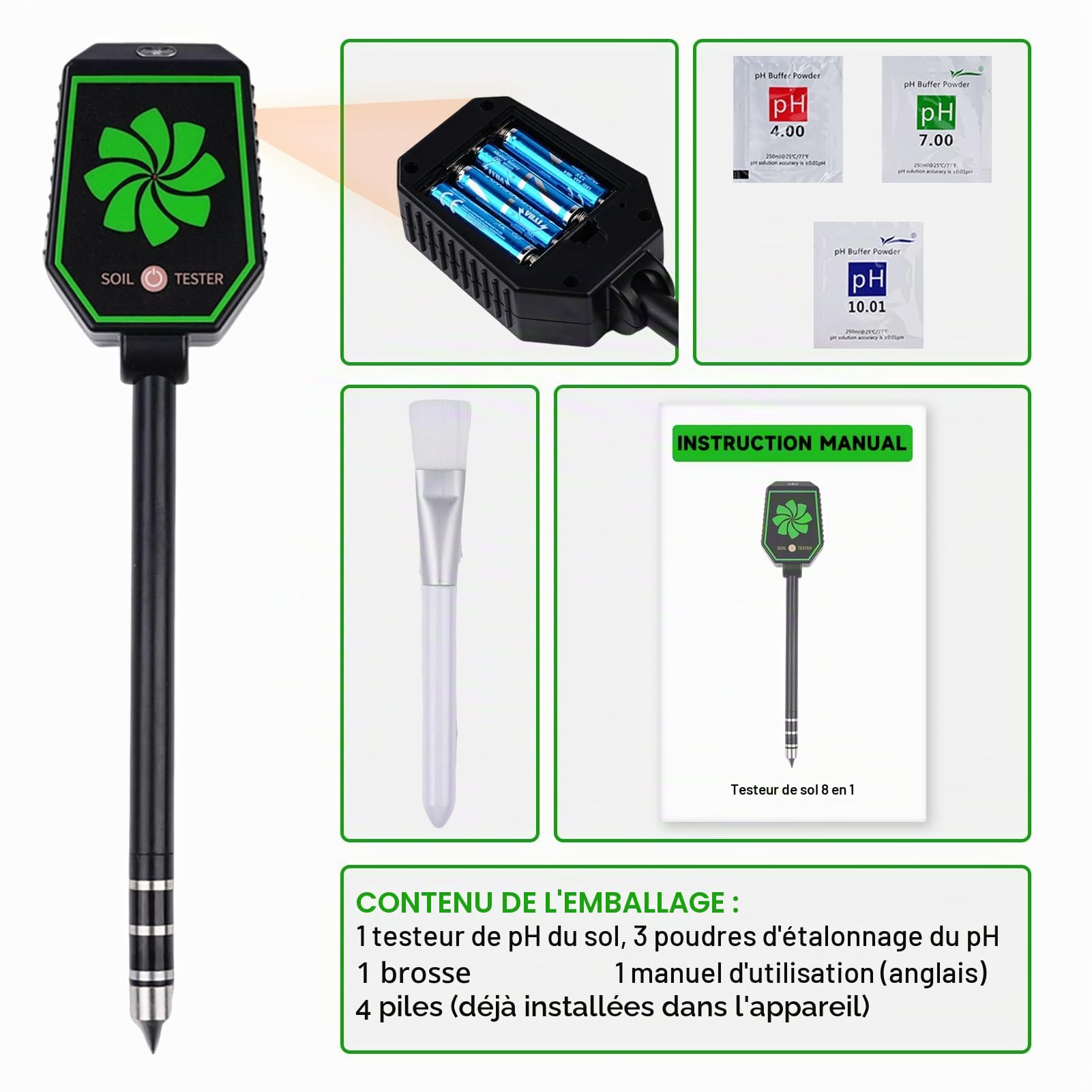 8 In1 Testeur ph Sol Testeur humidité Plante Hygrometre Plante PH/EC/salinité/fertilité/température de l'air/température du Sol/lumière/humidité du Sol Se connecte à l'application Mobile.