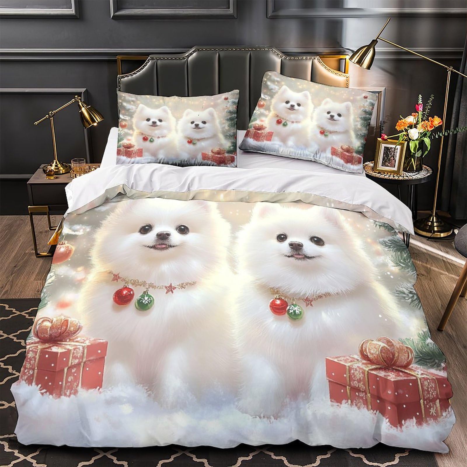 Housse de couette chiots de Noël 135x200cm lit enfant avec taies