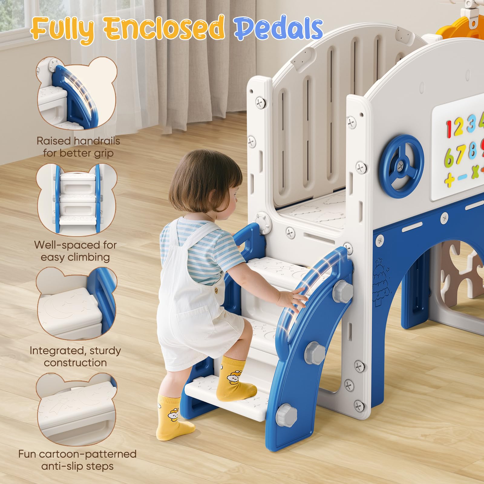 Scivolo per bambini, scivolo per bambini piccoli indipendente con canestro da basket, attrezzatura per parco giochi con scivolo, scivoli per all'aperto (Blue arancione-6 in 1)