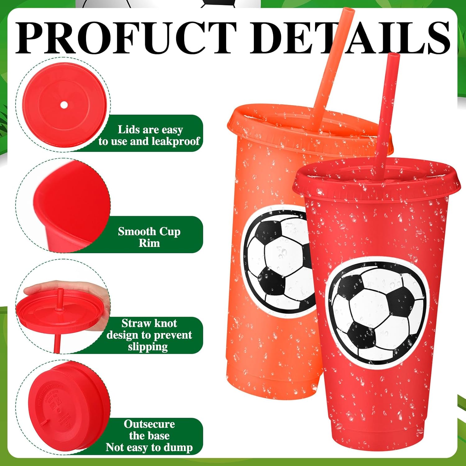 Domensi 12 Pcs Sport Soccer Plastic Cups with Lid and Straw 24 oz Reusable Plastic Cups Coffee Tumblers Gift for Fan Friend Guest Birthday Office Sport Party Supplies (Multicolor) - Image 3