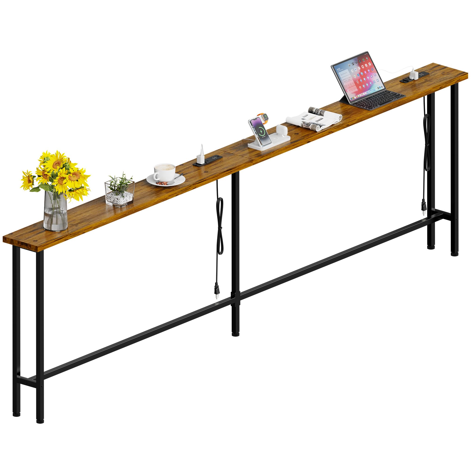 Condition photo showing New/Like New for grleaf 90" sofa table with built-in power strip (4 ac outlets & 4 usb ports) - 4.9ft power cord, metal frame, easy assembly, long couch table behind sofa, living room and home office | rustic brown