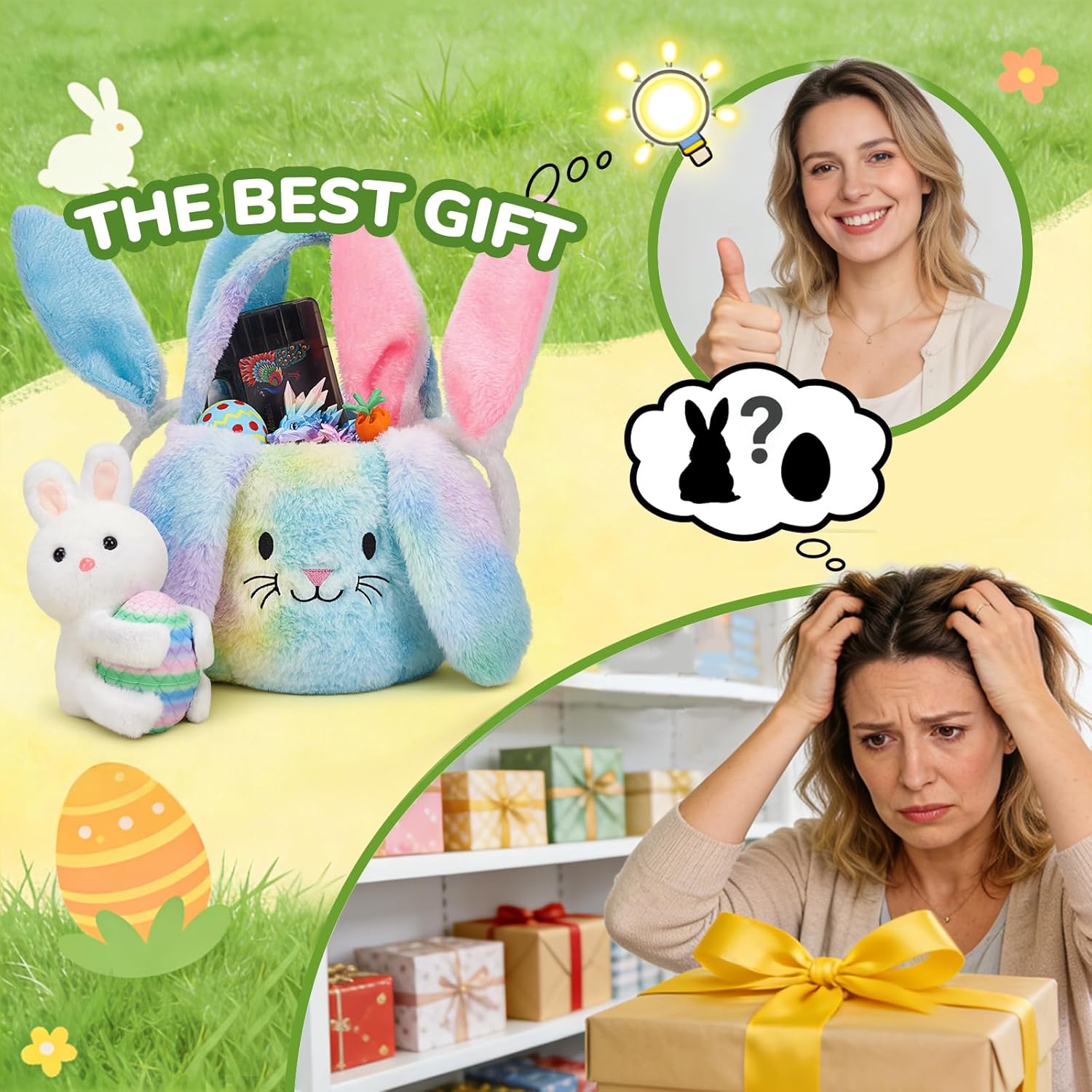 Easter Basket Playset for Kids - 20PCS Easter Bunny Basket Filled with 3D Printed Toys & Plush, Easter Eggs Hunt Bucket Bags, Complete Easter Gifts Set