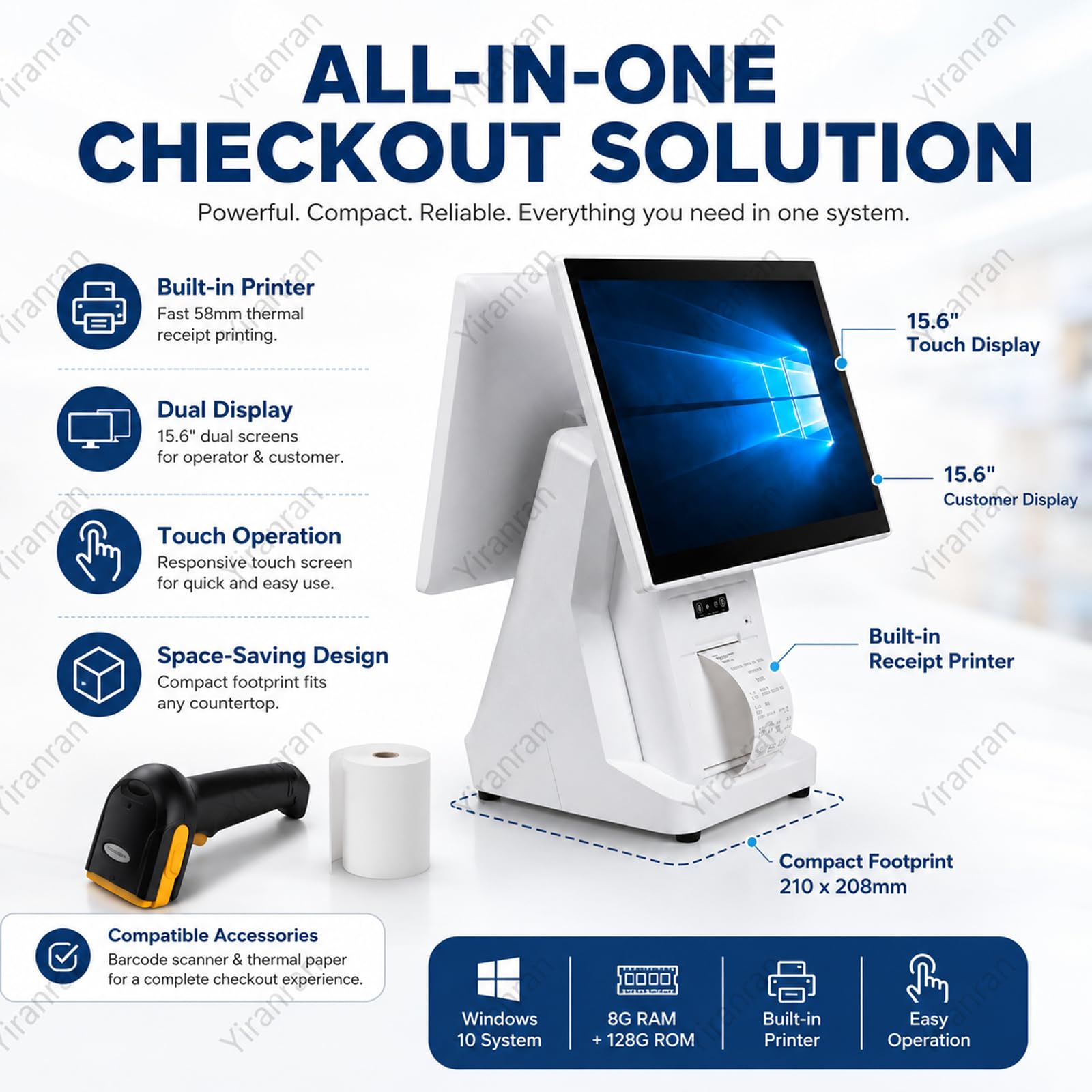 Caja registradora TPV todo en uno para pequeñas empresas, terminal TPV Windows con pantalla táctil dual de 15,6" e impresora de recibos integrada, 8 GB de RAM y 128 GB de almacenamiento, sistema de