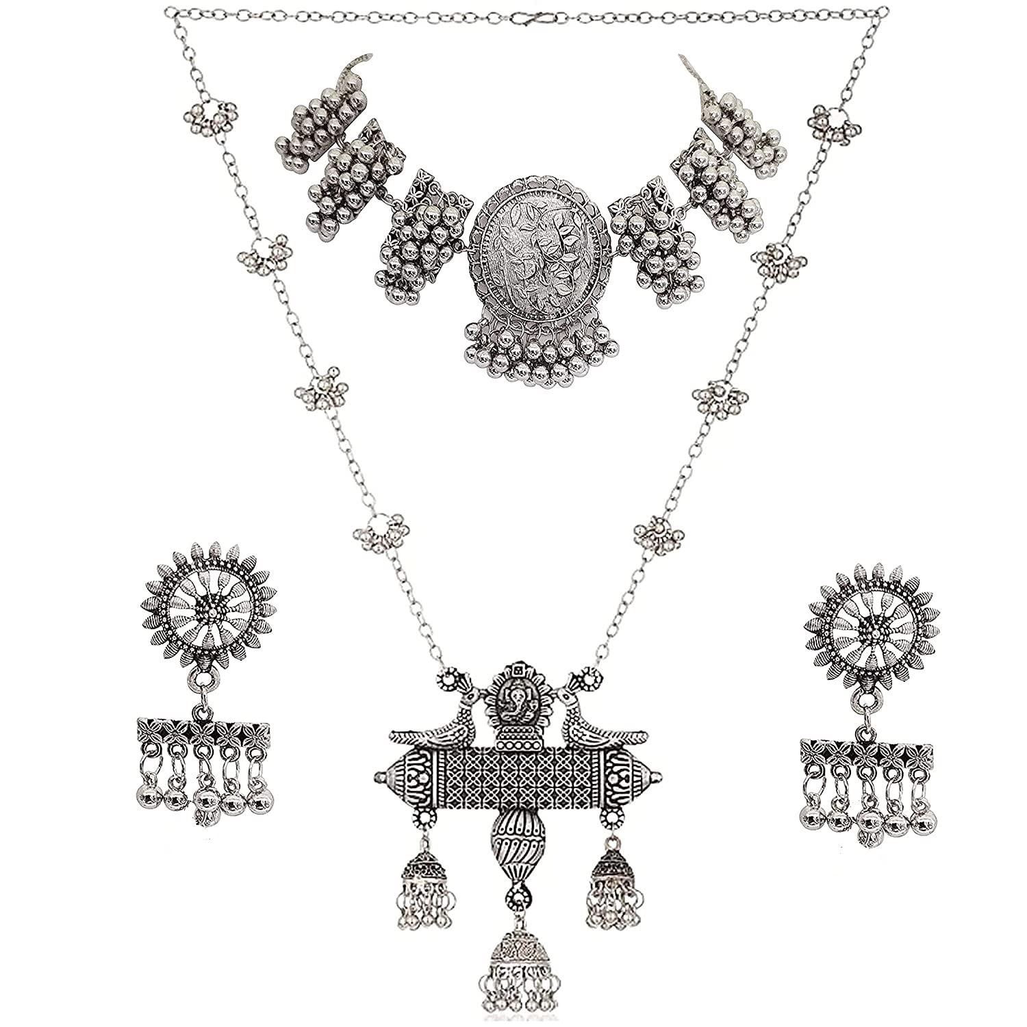 Zukhruf Oxidised Silver Beads Hanging Choker necklace Set & Pigeon Style Long Necklace (Combo Pack) for Girl & Women (B0C14874GC) Amazon Price History, Amazon Price Tracker