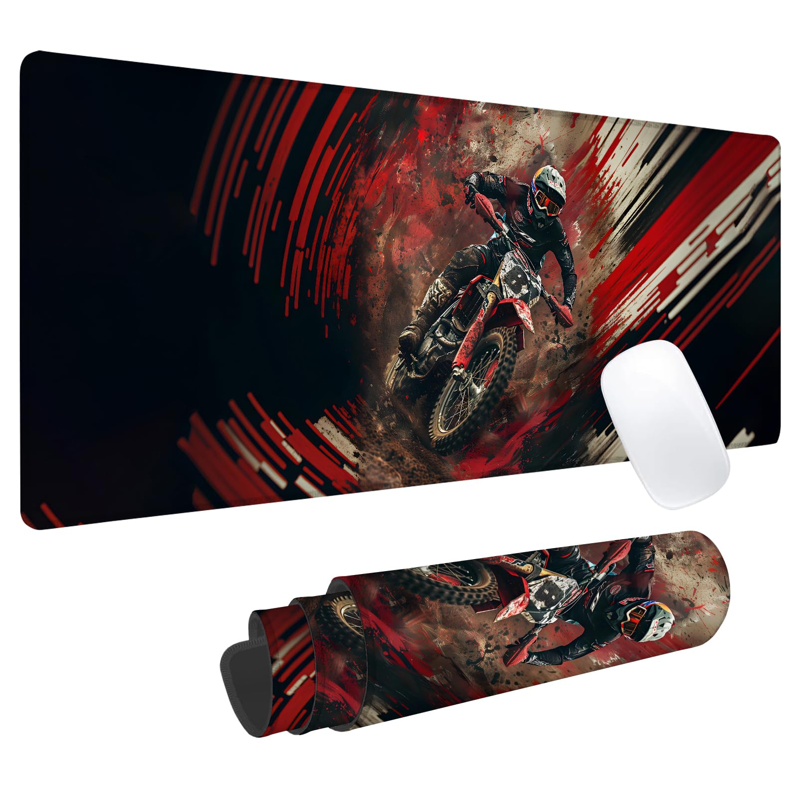 Motocross Dirt Bike Gaming Mouse Pad, Office Desk Mat, Anti-Slip Rubber Base Cool Aesthetic Mouse Pads for Computer Laptop Keyboard School Home Desktop Gamer Home Accessories Decor 31.5" x 11.8"