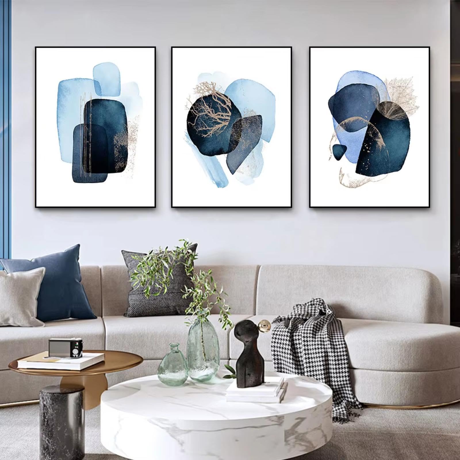 Peinture murale abstraite géométrique triptyque bleu marine 50x60cm - 8
