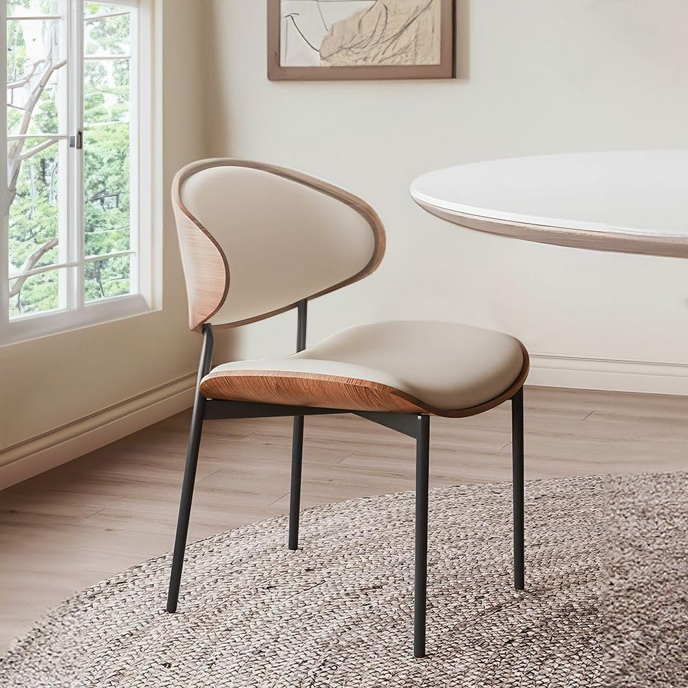MAPLE HOME DECORATION Dining Chair Leather Wooden Frame Backrest Black Metal Legs Modern Kitchen Lounge Living Accent Restaurant Furniture (Beige)