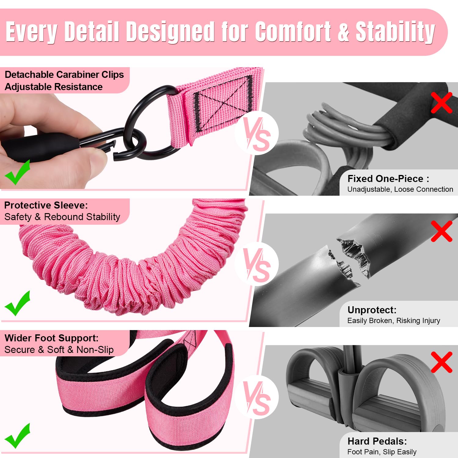 KUZARO Fascia di resistenza multifunzione con manico, 3 tubi regolabili per addome, vita, braccia, core/ABS, allenamento delle gambe, attrezzatura per esercizi per sedute da donna