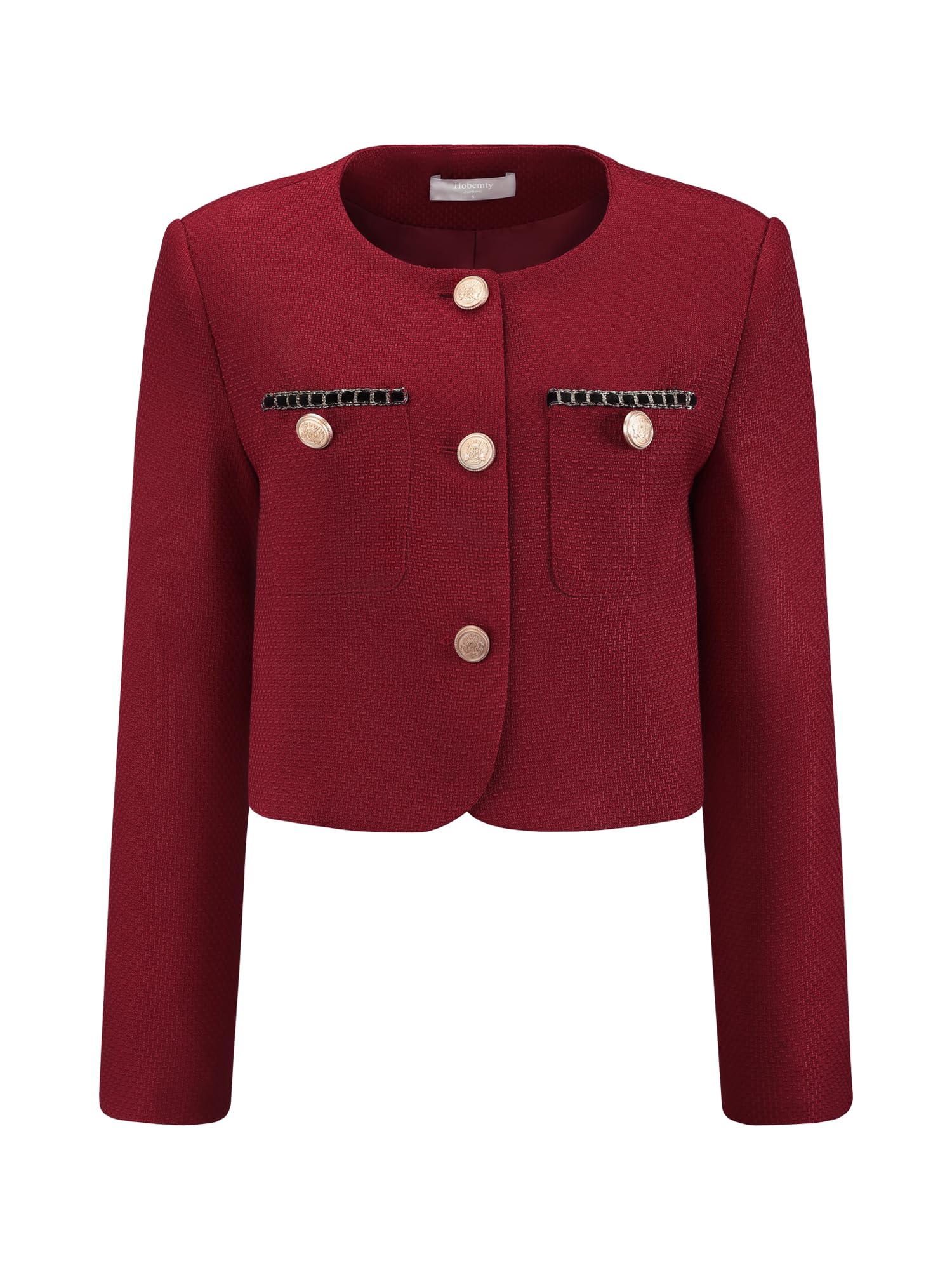 Womens Tweed Short Jacket Crewneck Button Down Long Sleeve Work Office Cropped Blazer