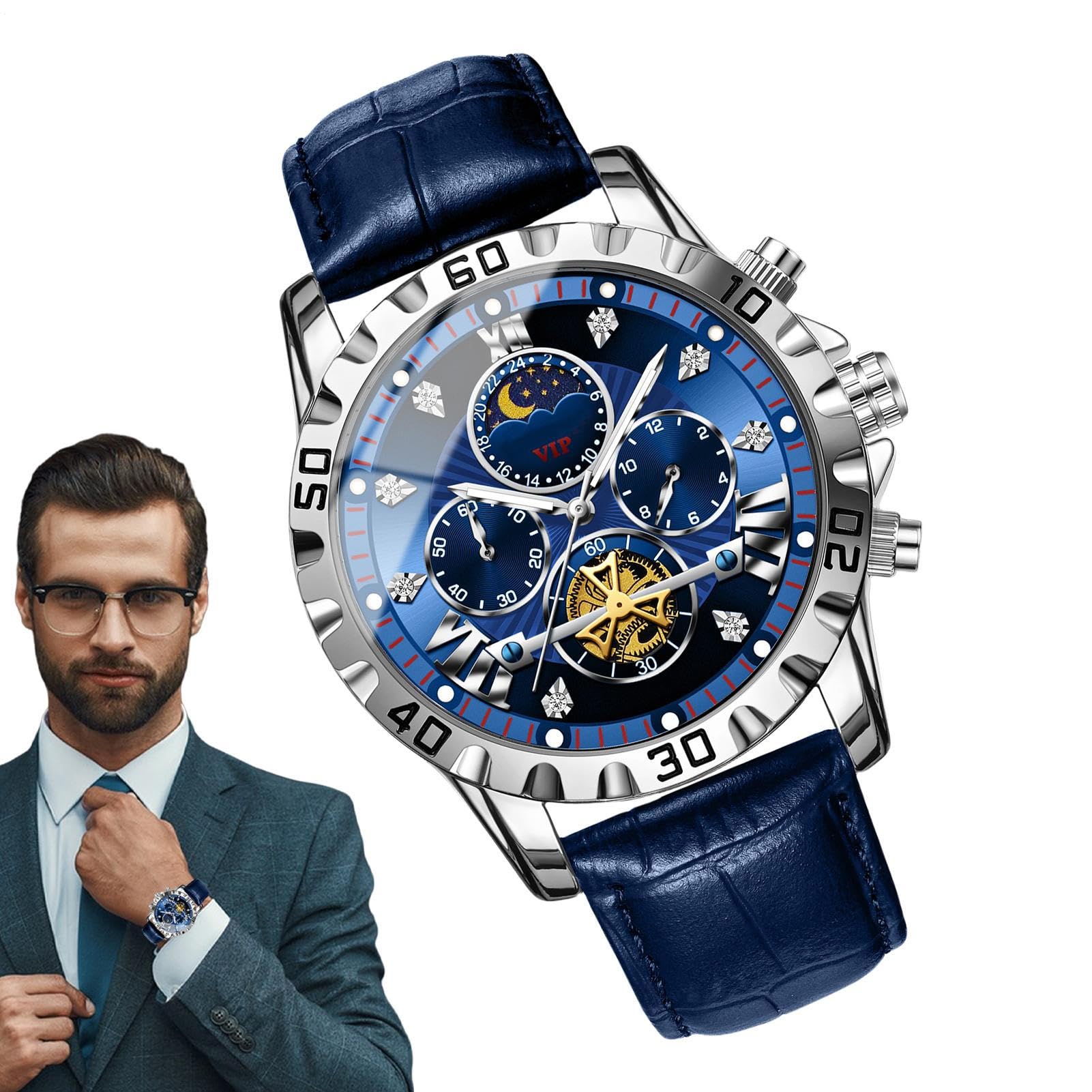 Orologio Meccanico Automatico Da Uomo – Cronografo Sportivo Militare Classico | Quadrante Analogico Luminoso Impermeabile Con Fasi Lunari, Cinturino In Pelle PU Orologio Da Polso Da Lavoro Per Escursi