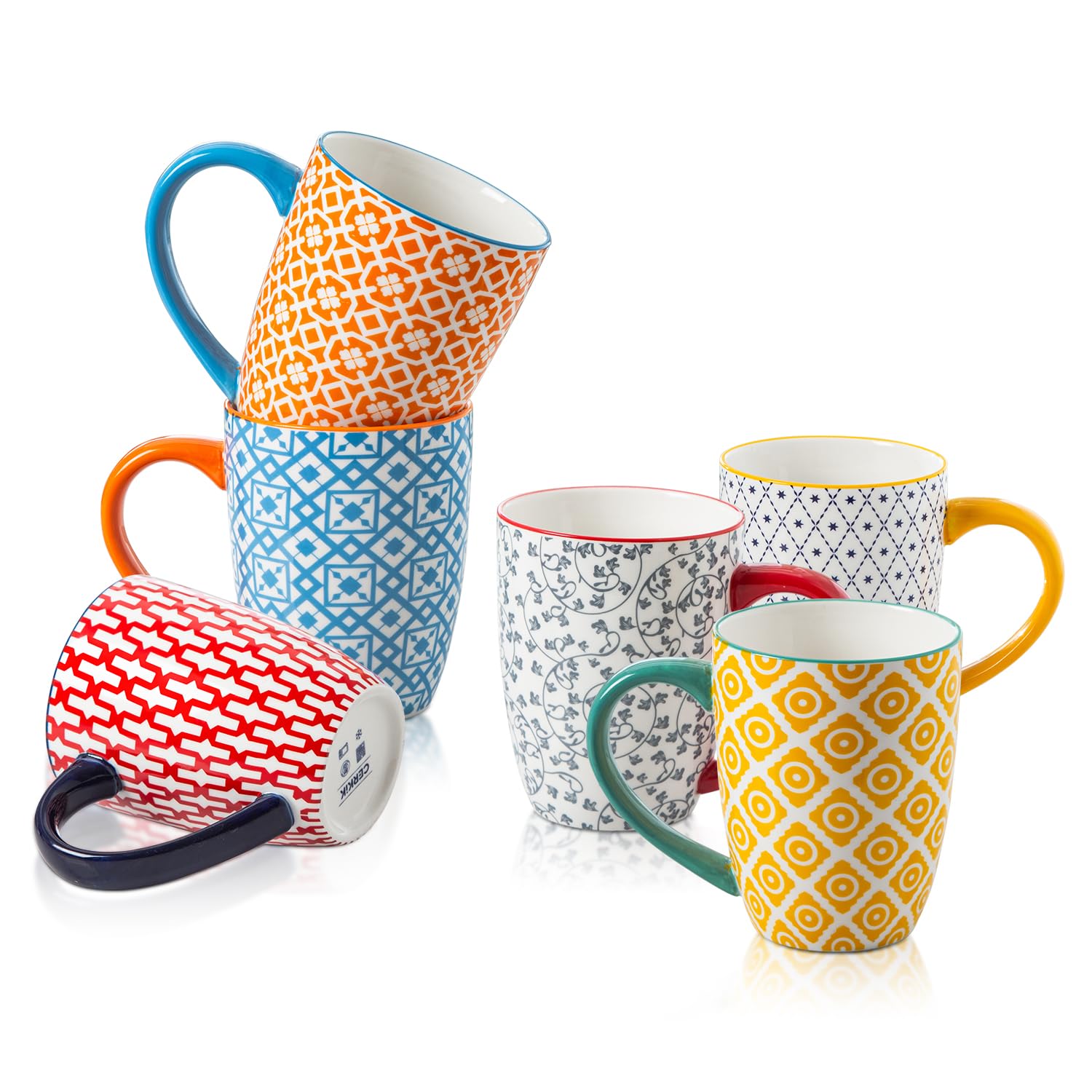 Keramik Kaffeebecher Set - 470 ml große Porzellan-Teebecher mit Griff für Frauen Männer Kakao Latte Cappuccino - Weihnachten Housewarming Geschenk - Set von 6 - Bunt