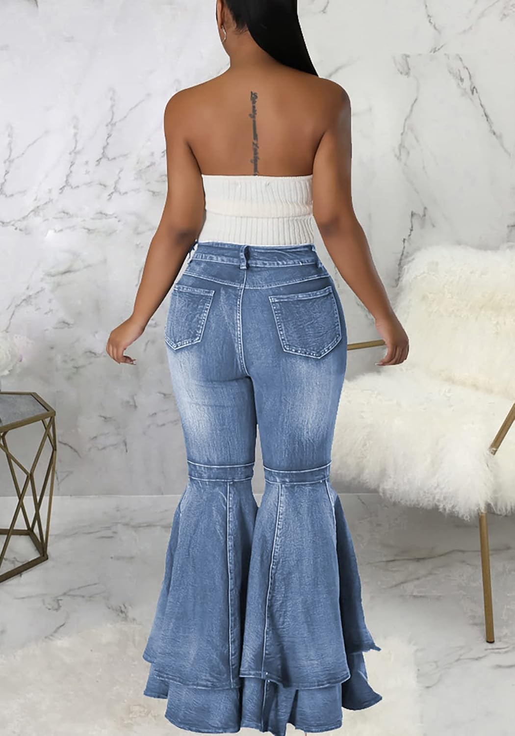 Women's Cute Flare Jeans Pleated Layered Ruffle Bell Hem Wide Leg Denim Pant - Image 5